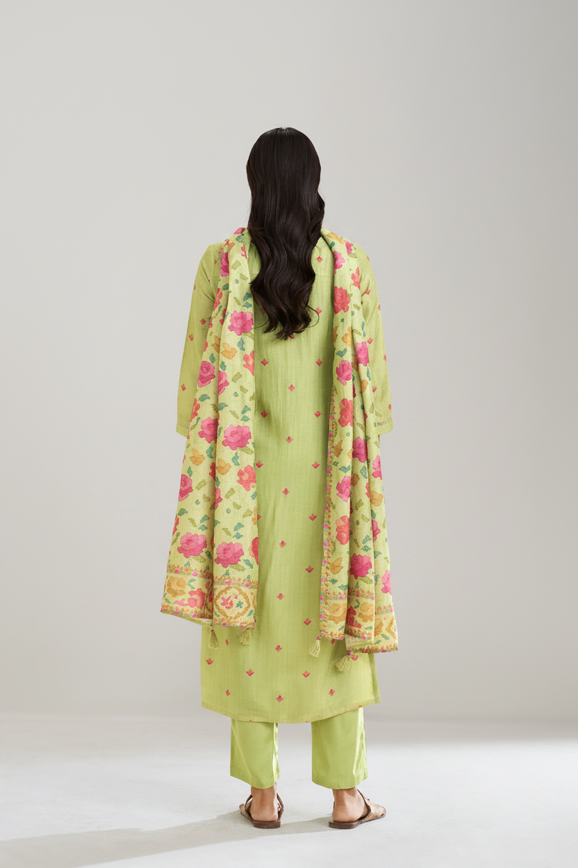 Pistachio Bloom Printed Viscose Jacquard Kurta Set