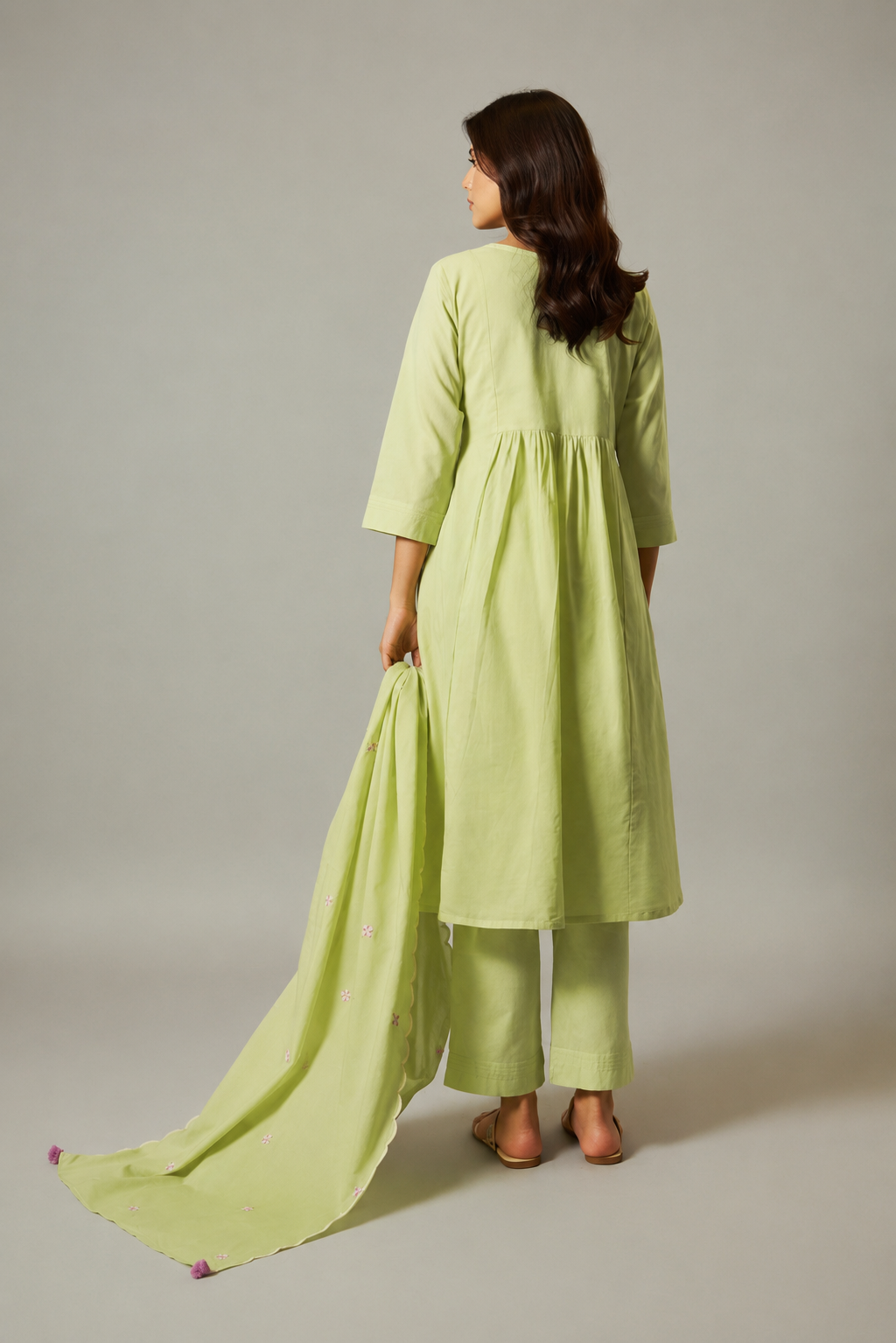 Lime Green A-Line Pure Cotton Embroidery Kurta Set