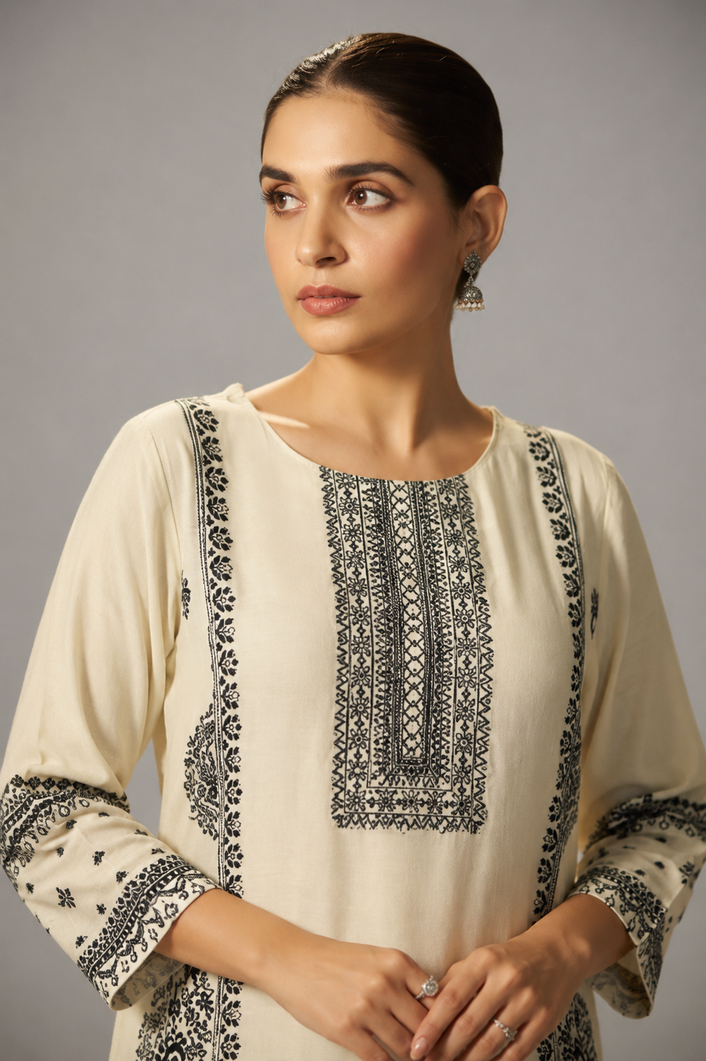 Butter Cream Muslin Black Jacquard Kurta Set