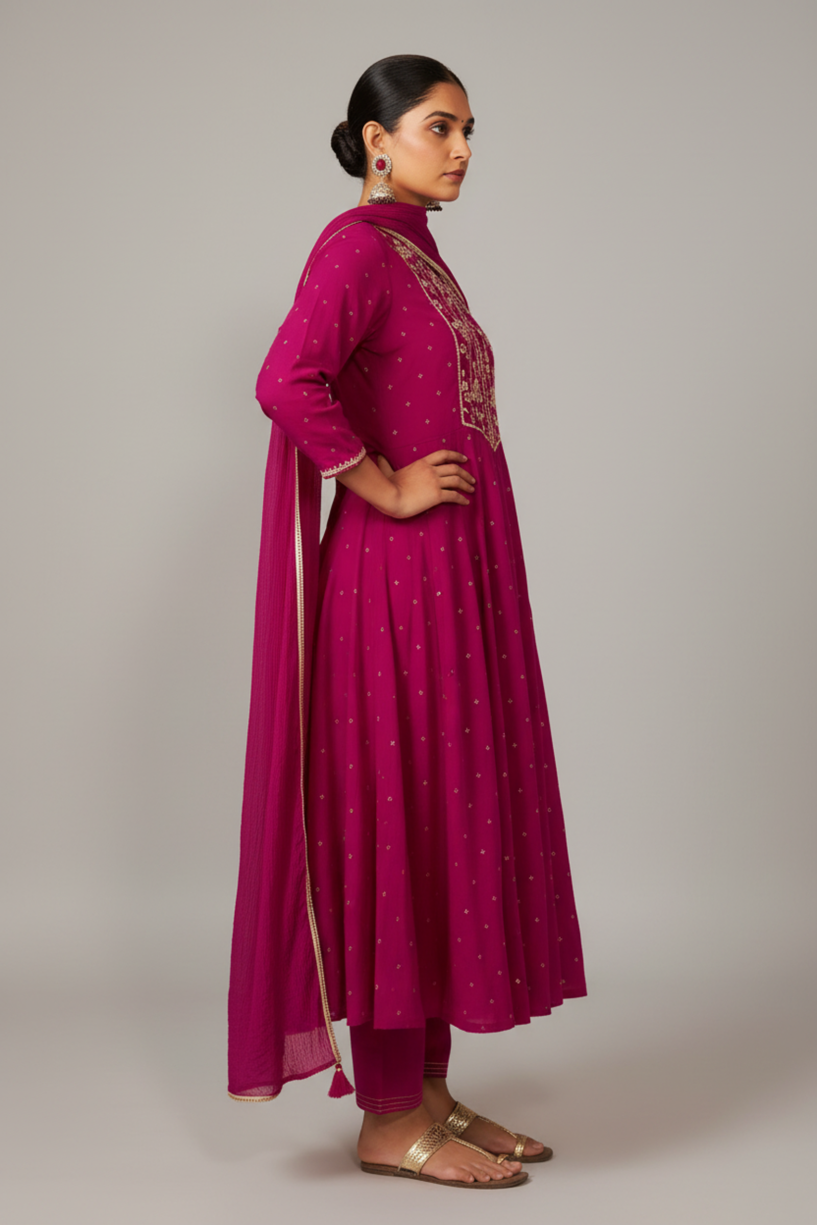 Bold Magenta Mul Chanderi Table Print Anarkali Kurta Set