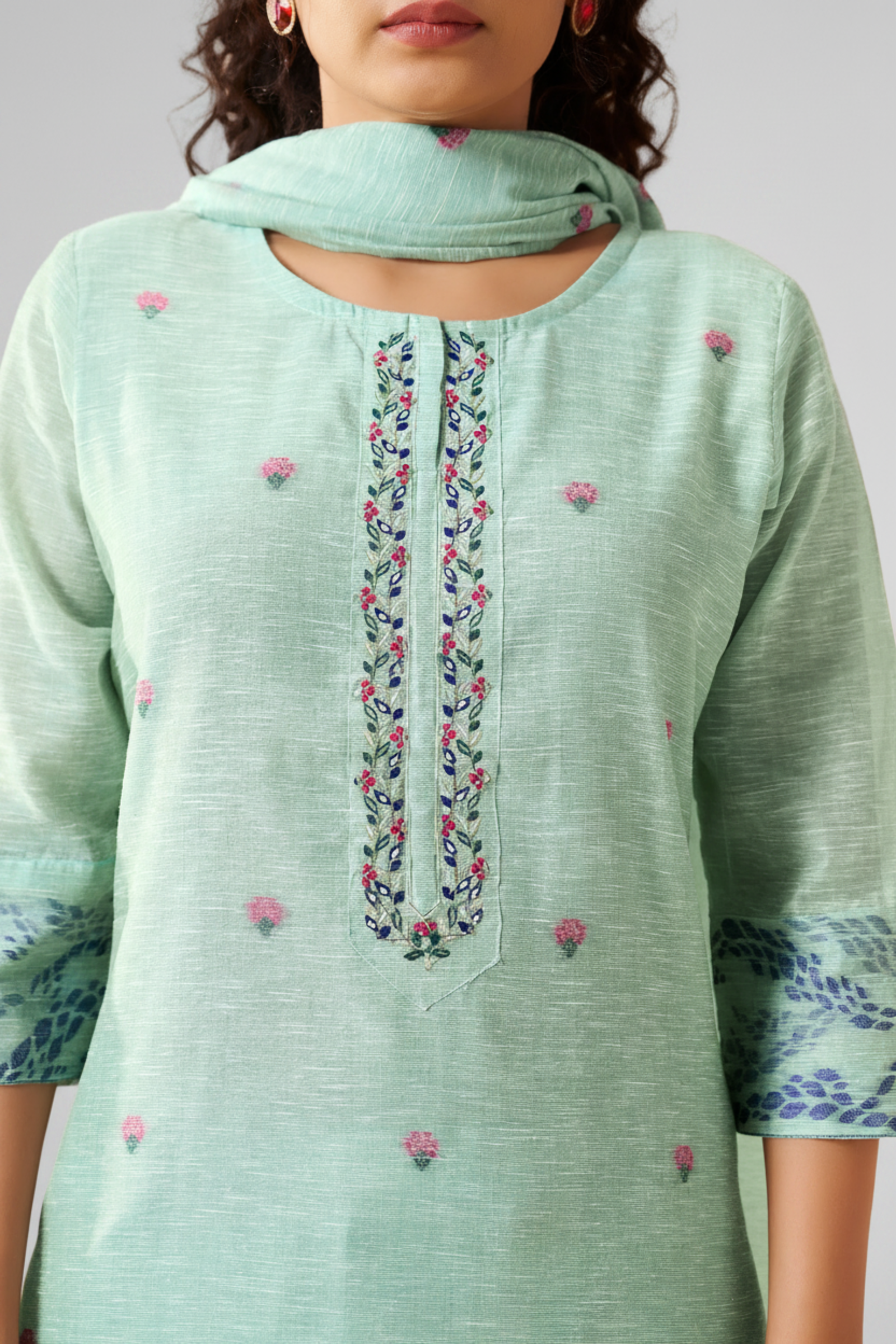 Mint Peony Linen Chanderi Jacquard Kurta Set