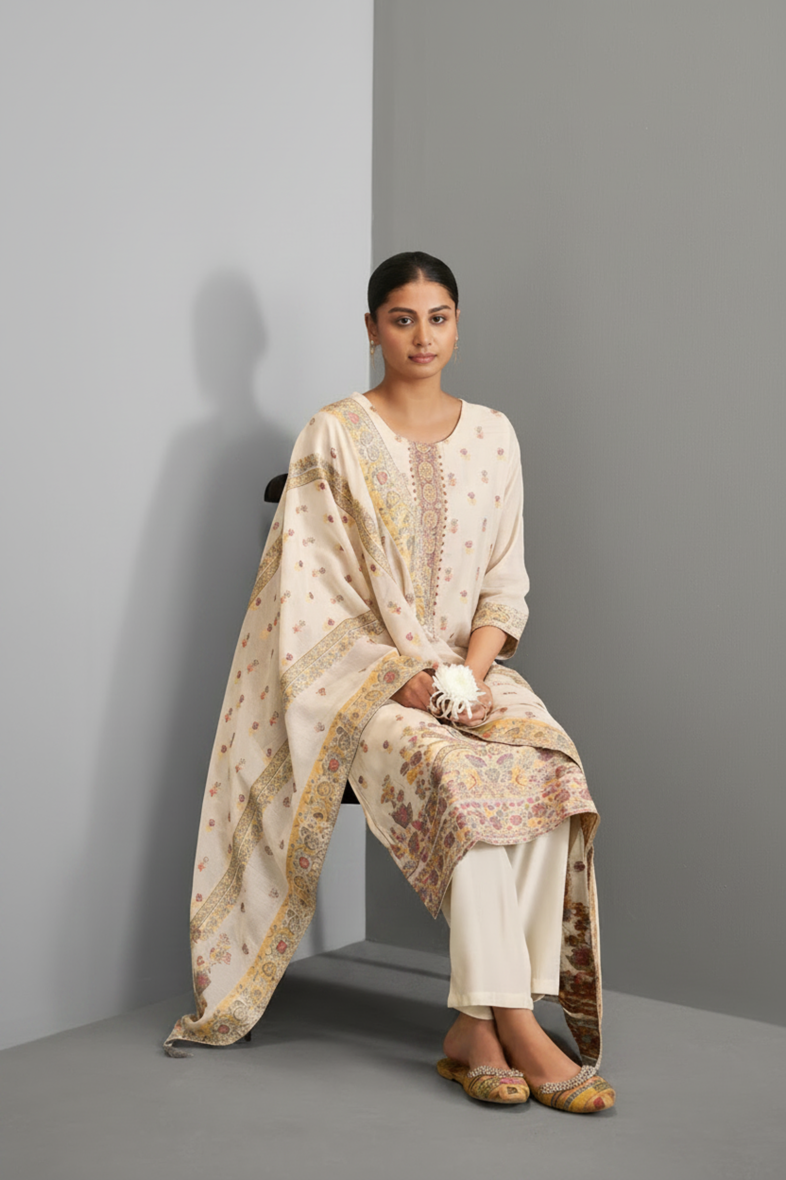 Cream Gold Chanderi Multi-Meena Jacquard Kurta Set