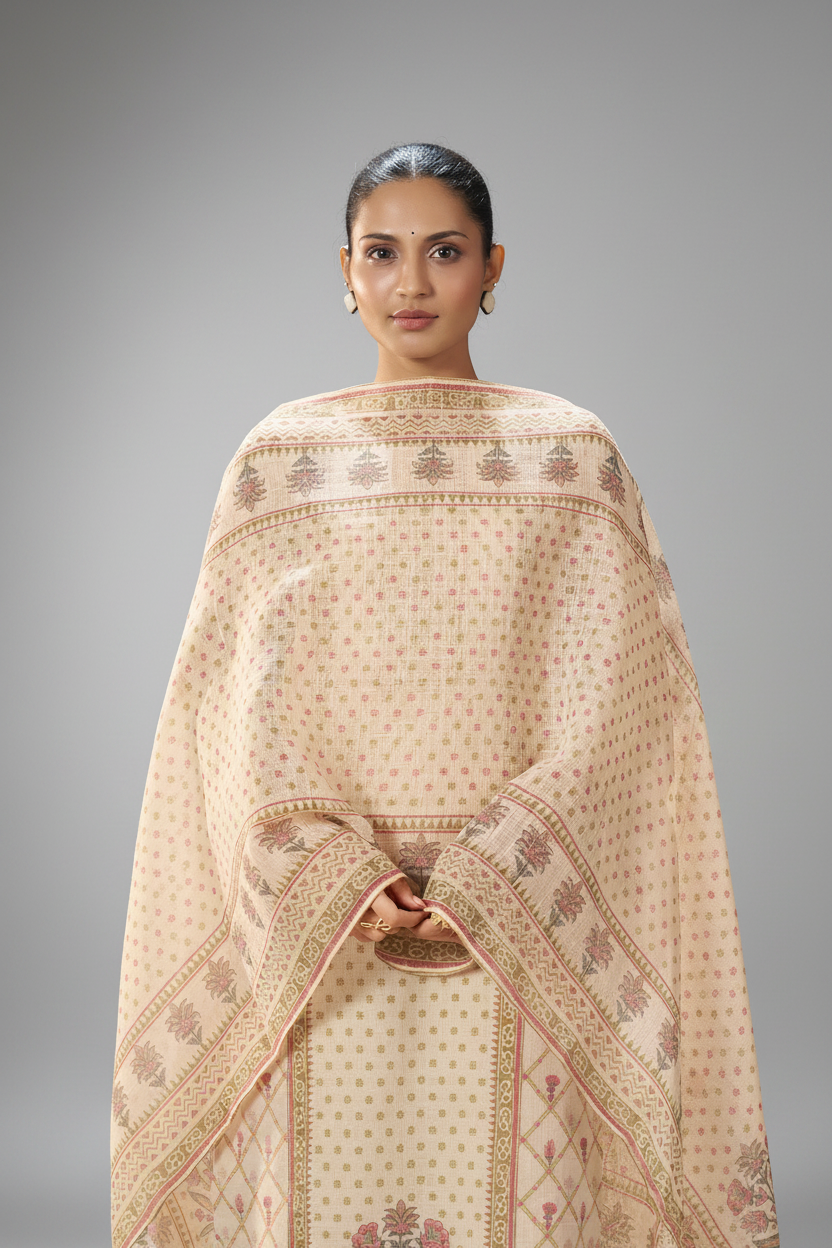 Blush Ivory Buti Linen Cotton Digital Printed Kurta Set