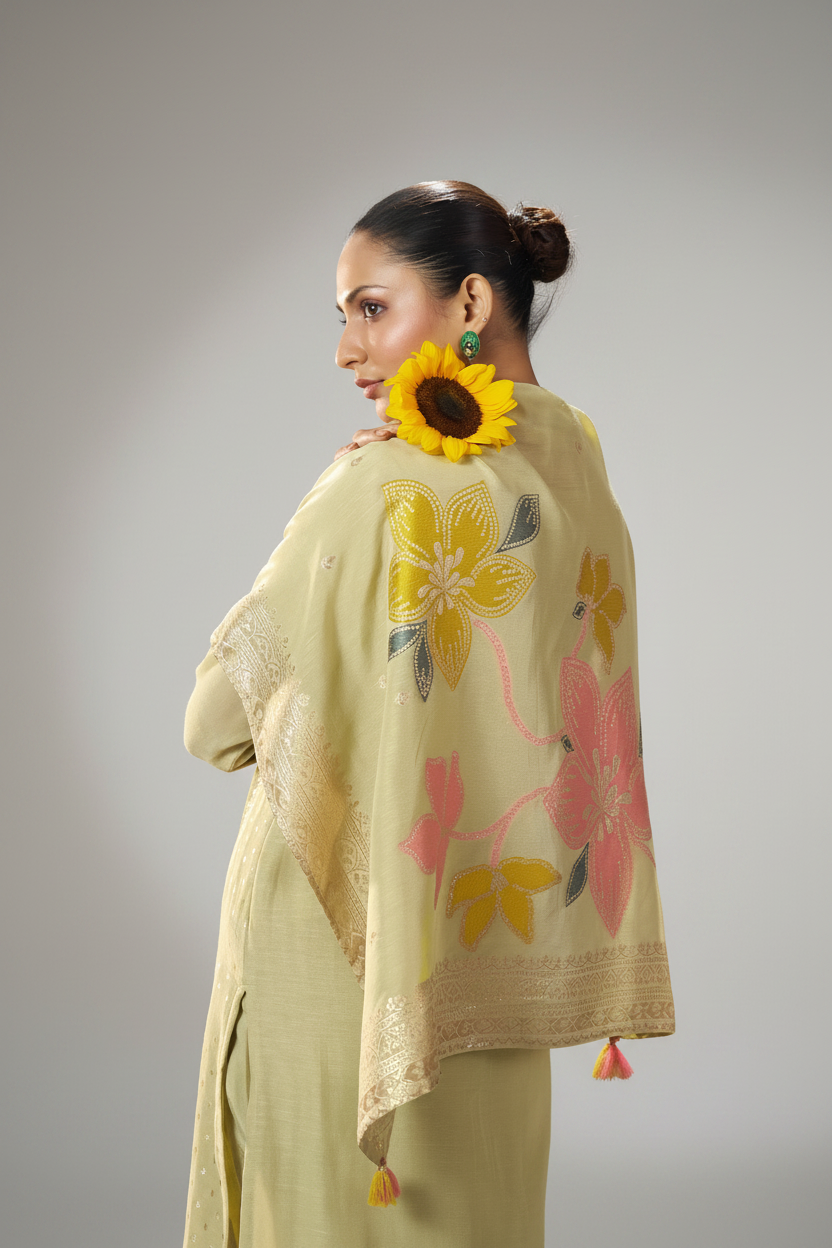 Sage Floral Reverie Viscose Linen Jacquard Multi Meena Kurta Set