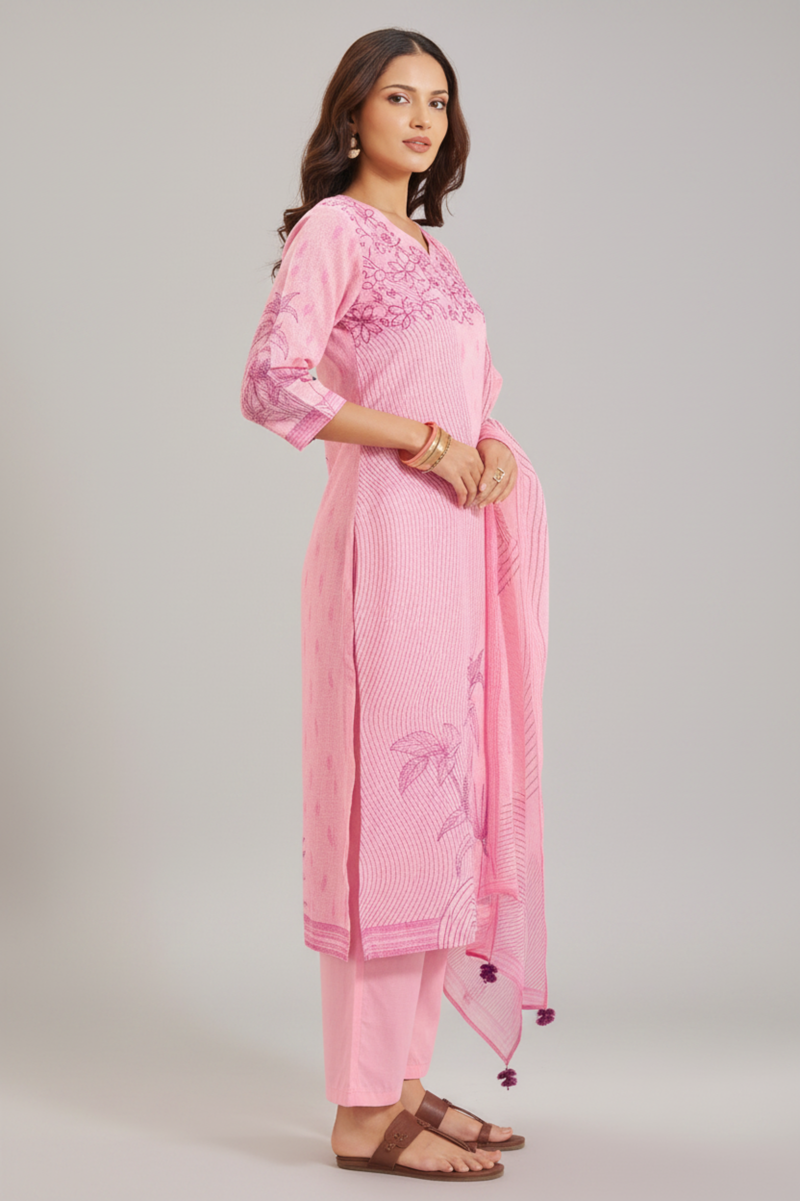 Soft Fuchsia Linen Cotton Digital Printed Kurta Set