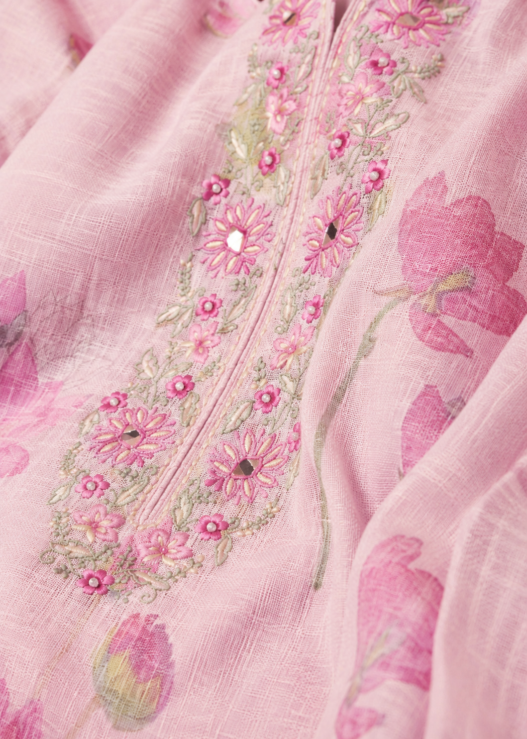 Pink Poly Linen Digital Print Kurta Set with Cotton Bottom & Dupatta