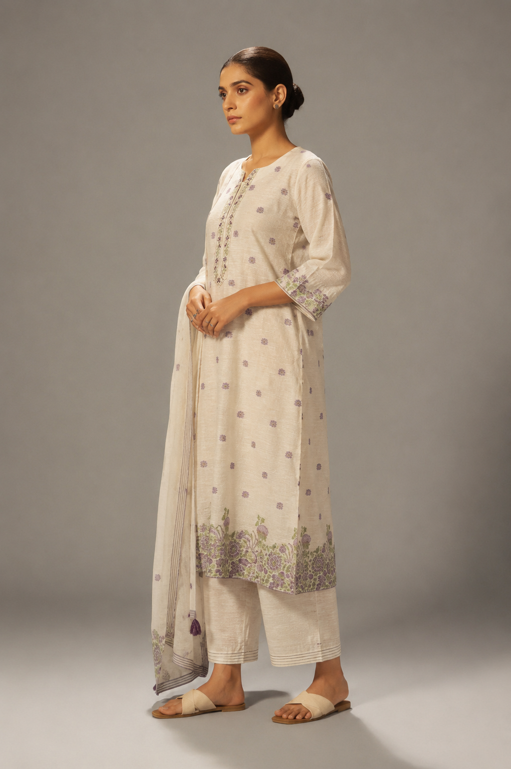 Warm Beige Linen Chanderi Jacquard Kurta Set