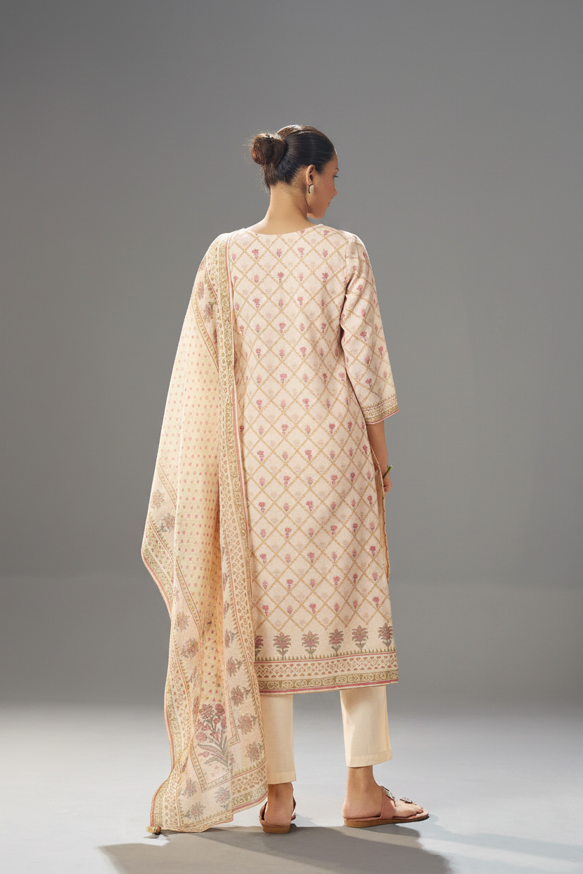 Blush Ivory Buti Linen Cotton Digital Printed Kurta Set