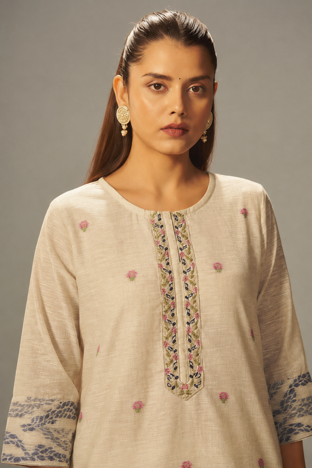 Beige Linen Chanderi Jacquard Kurta Set