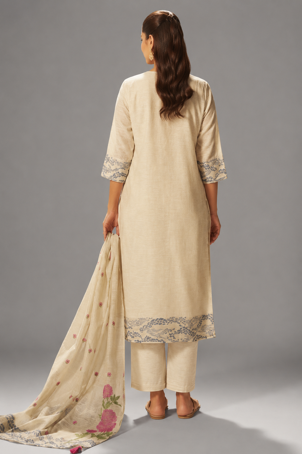 Beige Linen Chanderi Jacquard Kurta Set