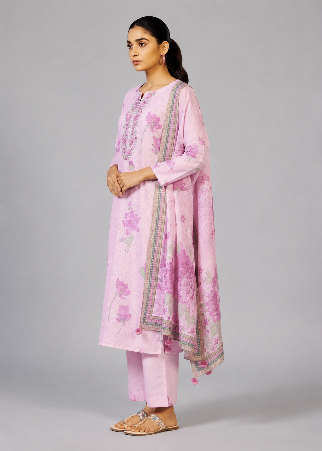 Pink Poly Linen Digital Print Kurta Set with Cotton Bottom & Dupatta
