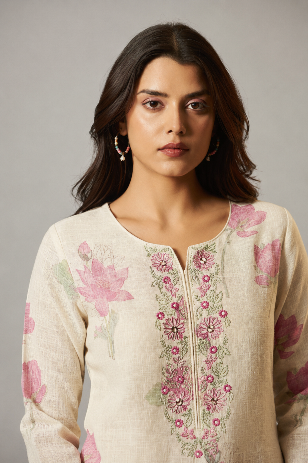 Digital Printed & Embroidered Floral Cotton Linen Kurta Set