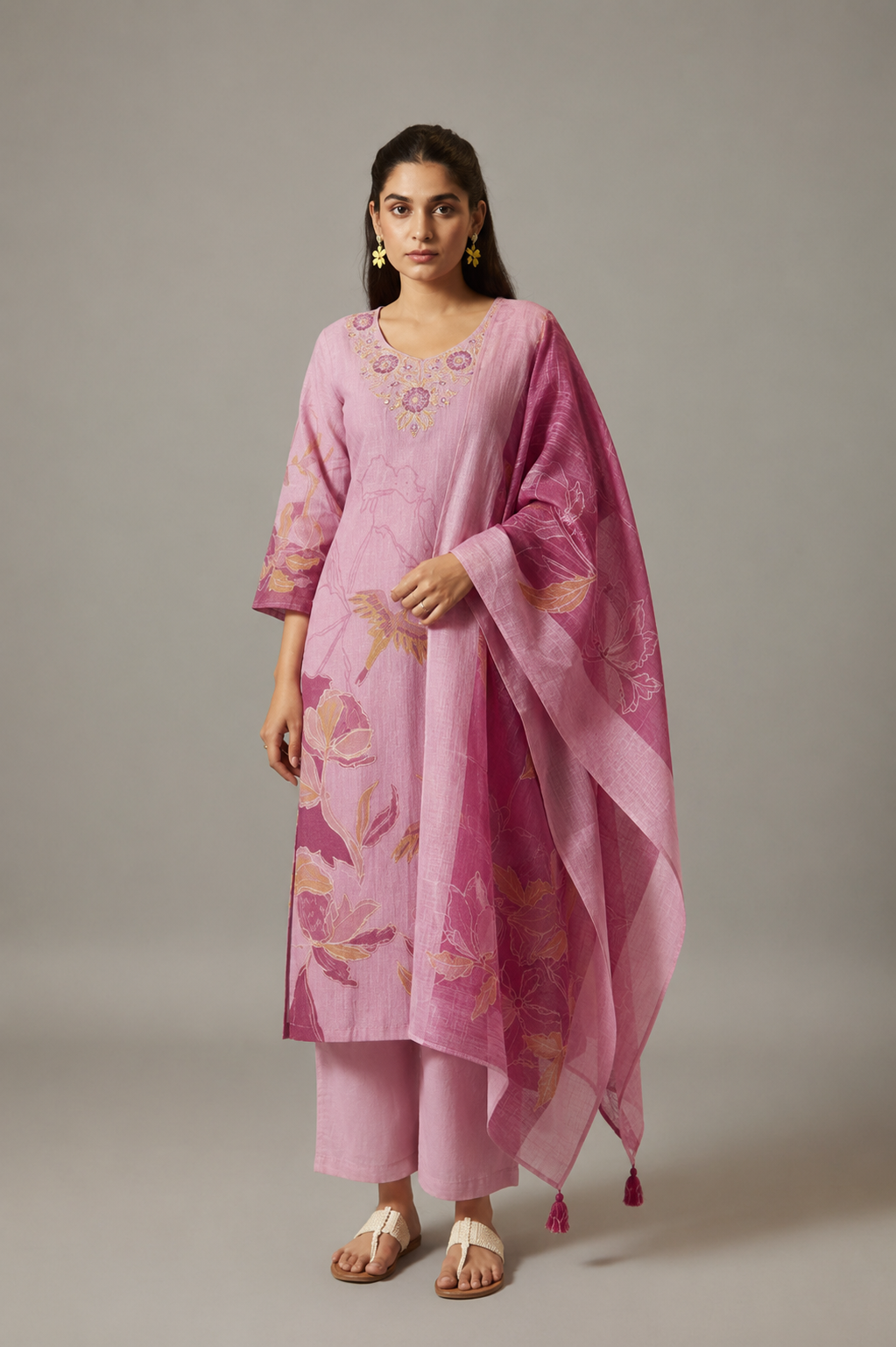 Peony Pink Cotton Linen Digital Print Kurta Set
