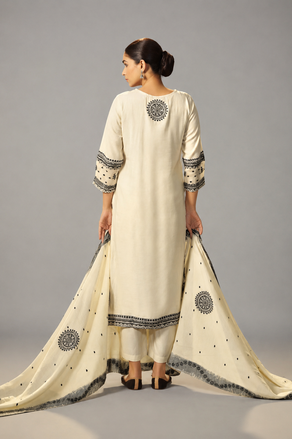 Butter Cream Muslin Black Jacquard Kurta Set