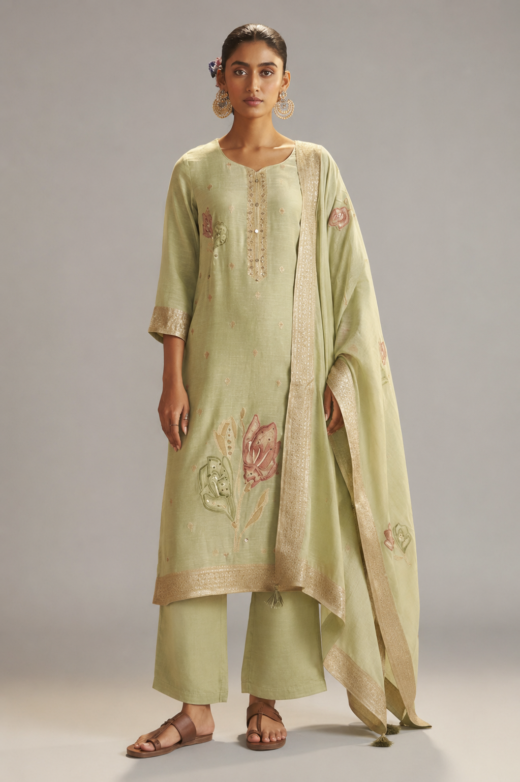 Soft Sage Green Viscose Linen Jacquard Fancy Kurta Set