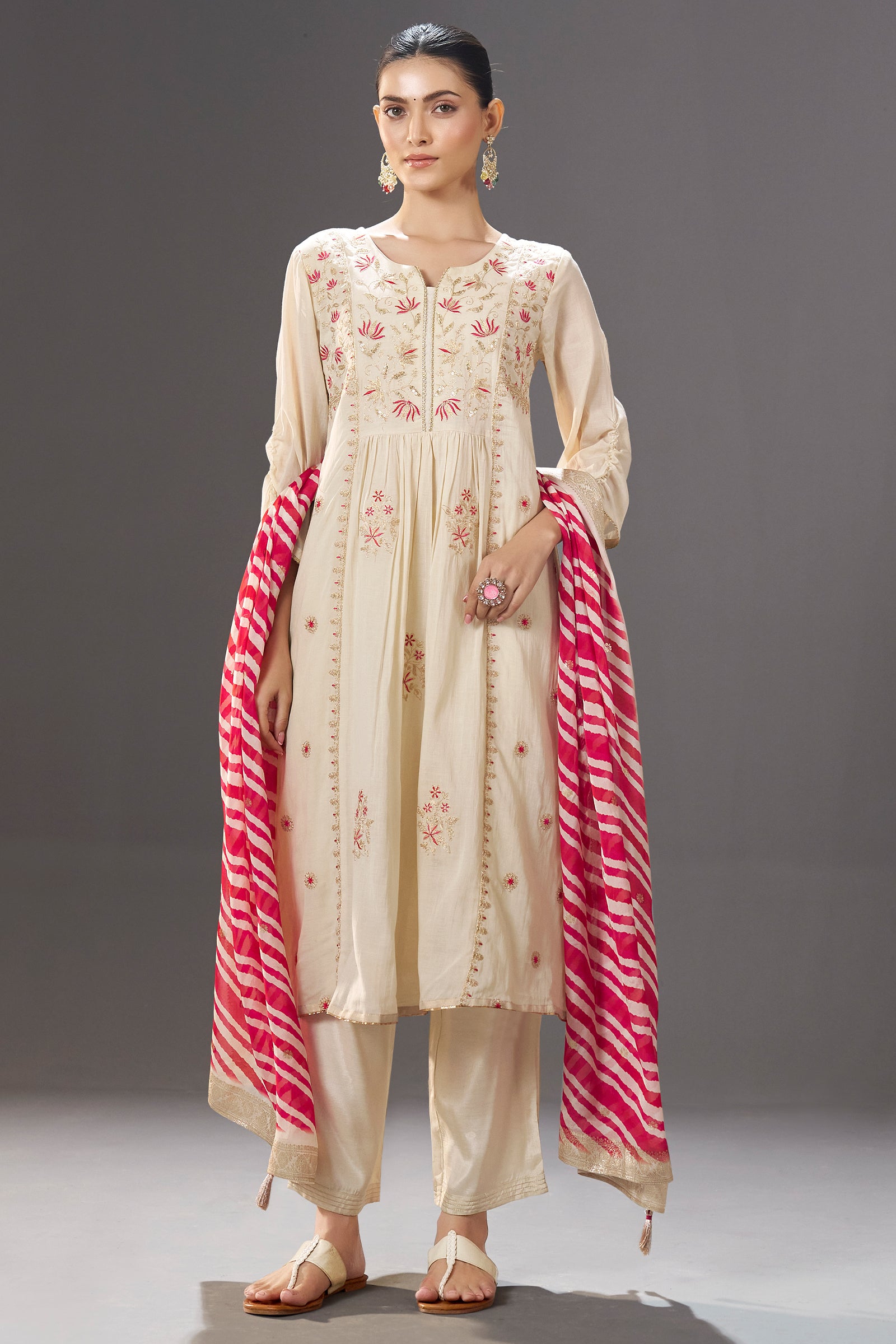 Ivory Blossom Embroidery Kurta Set with Leheriya Dupatta
