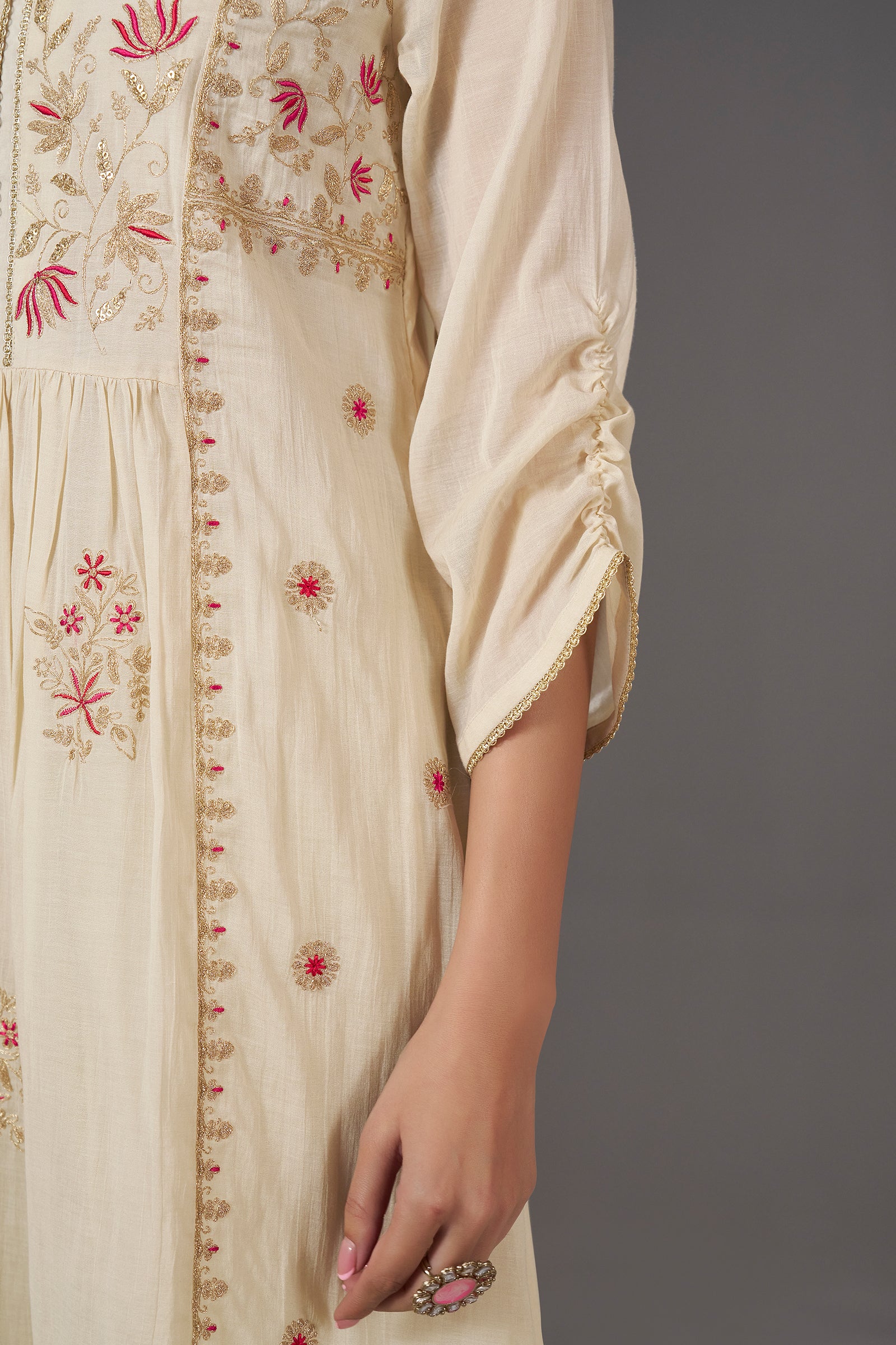 Ivory Blossom Embroidery Kurta Set with Leheriya Dupatta