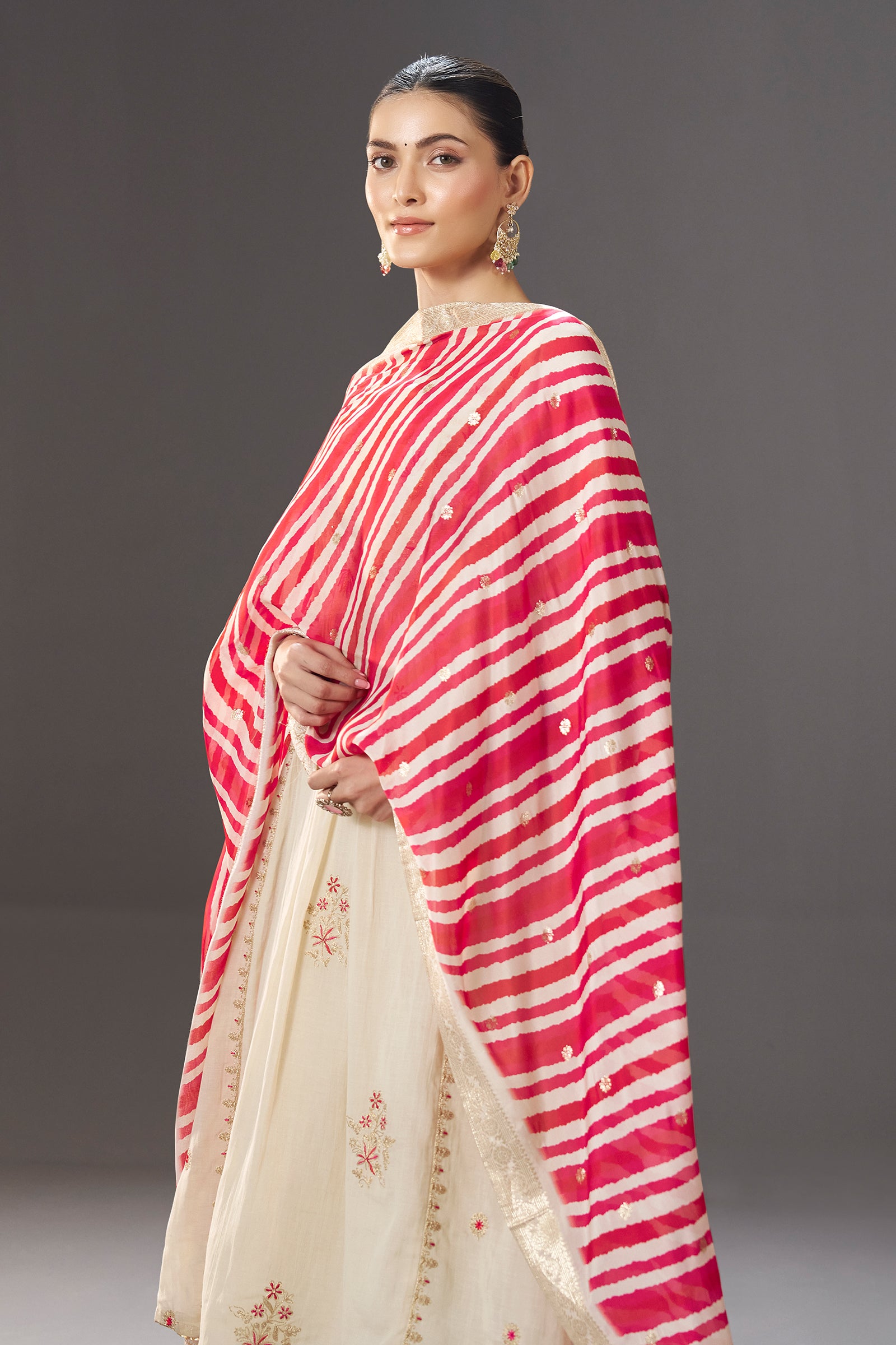 Ivory Blossom Embroidery Kurta Set with Leheriya Dupatta