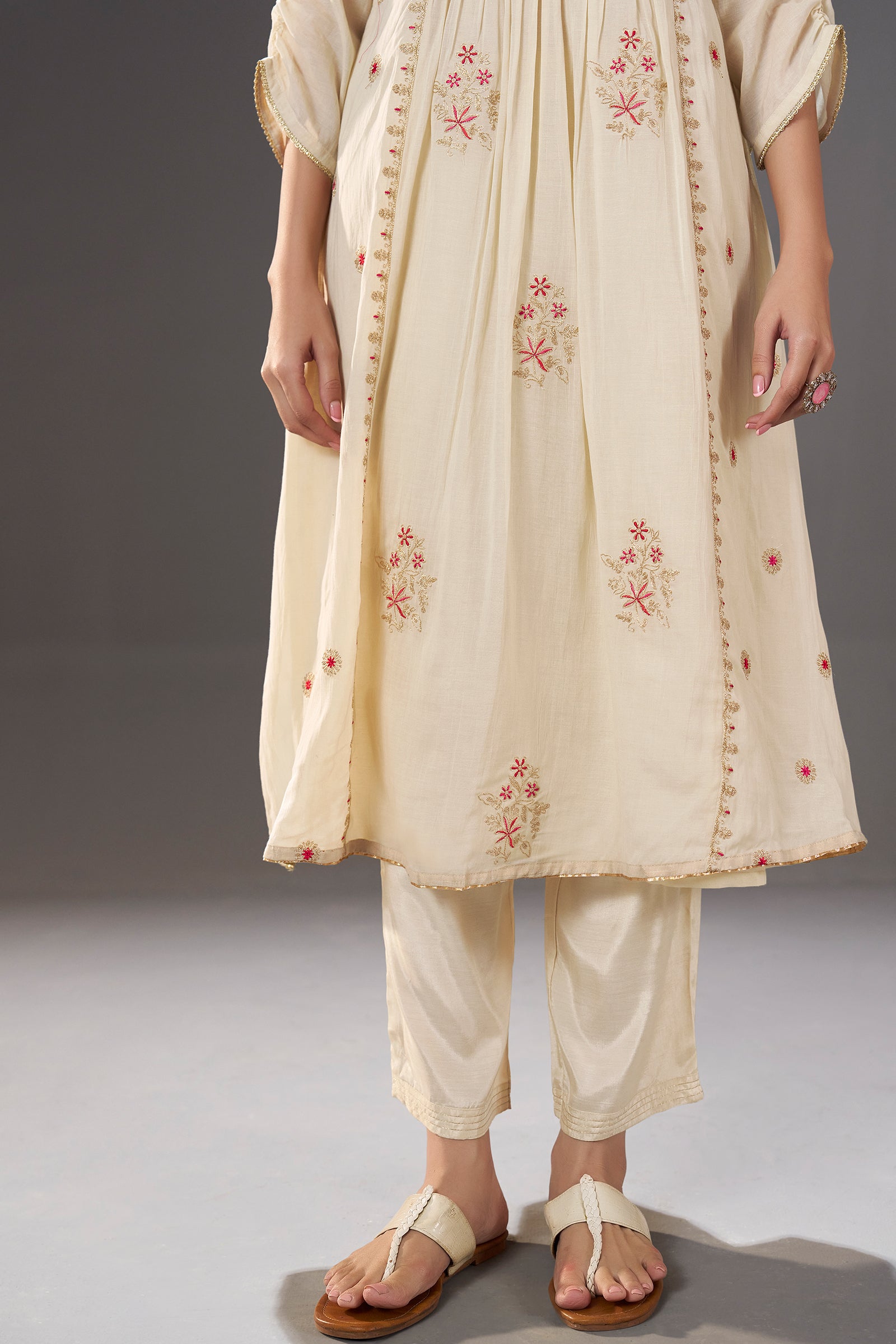 Ivory Blossom Embroidery Kurta Set with Leheriya Dupatta