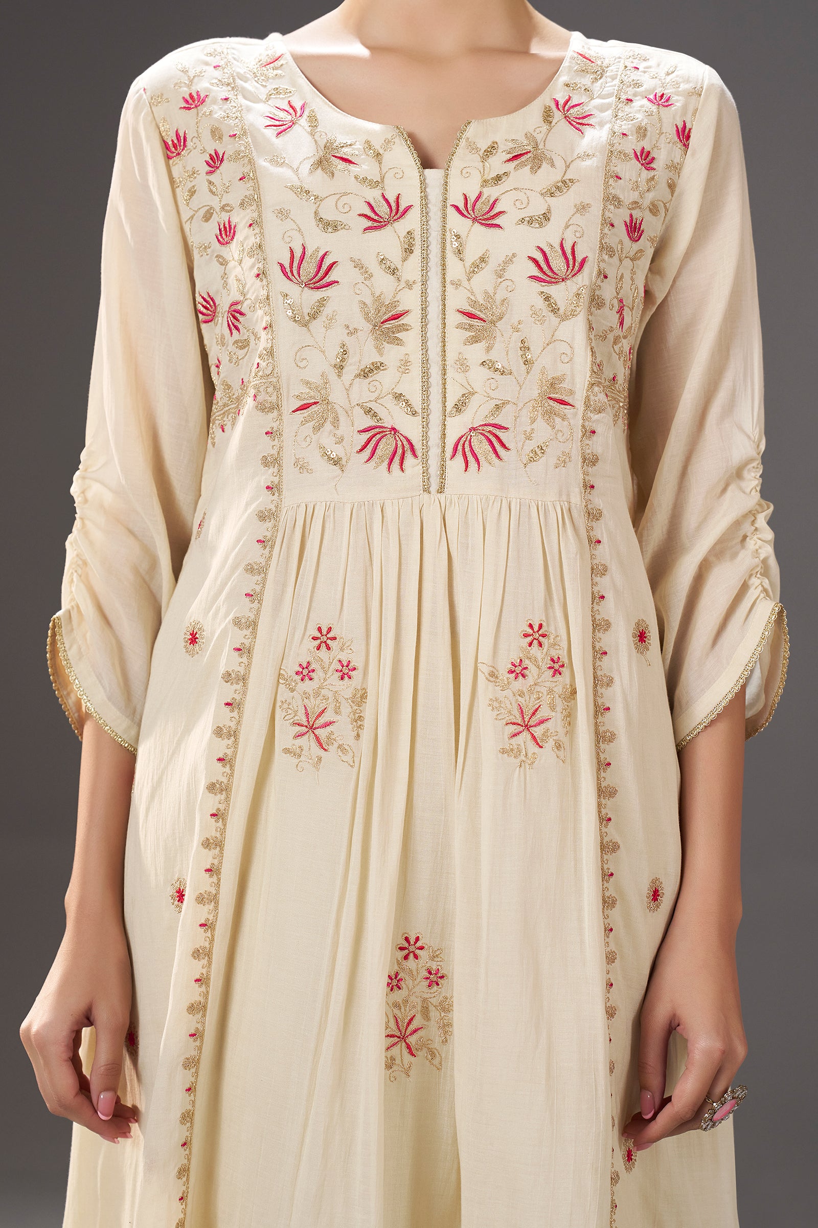 Ivory Blossom Embroidery Kurta Set with Leheriya Dupatta