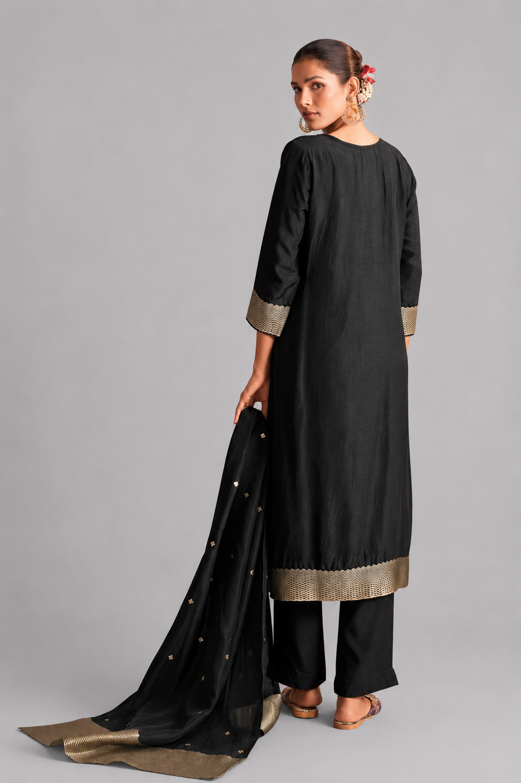 Black Handworked Silk Festive Kurta Set