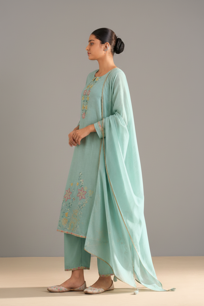 Seafoam Blue Shimmer Linen Embroidered Kurta Set