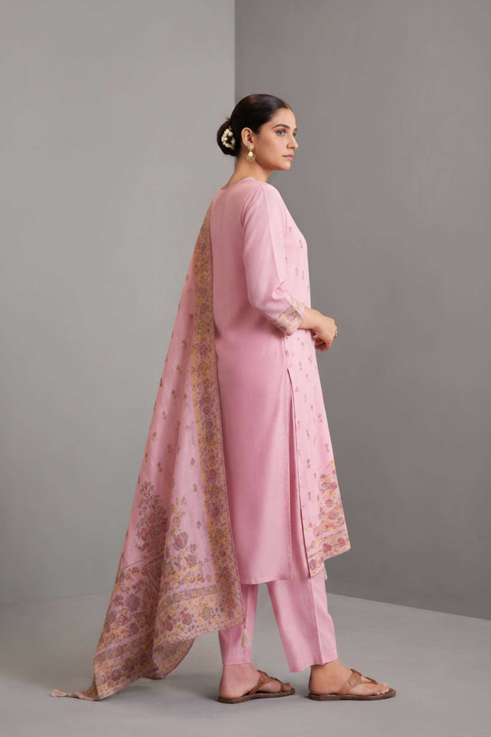 Rose Quartz Pink Chanderi Multi-Meena Work Jacquard Kurta Set