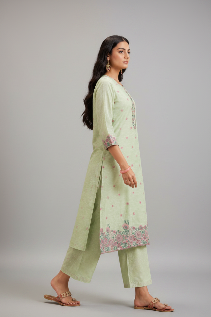 Blooming Pistachio Linen Chanderi Jacquard Kurta Set