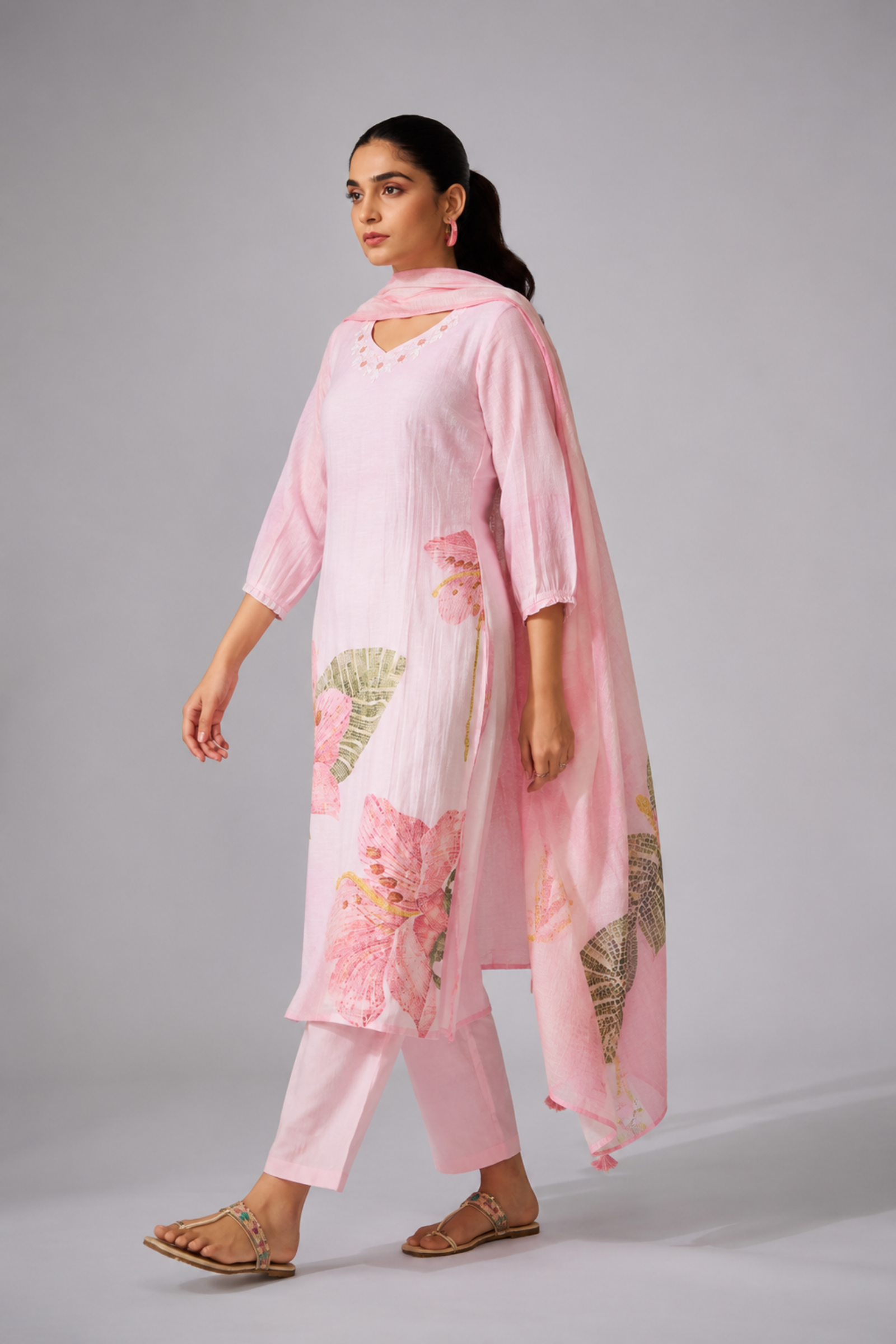 Soft Lotus Pink Shimmer Linen Digital Print Kurta Set