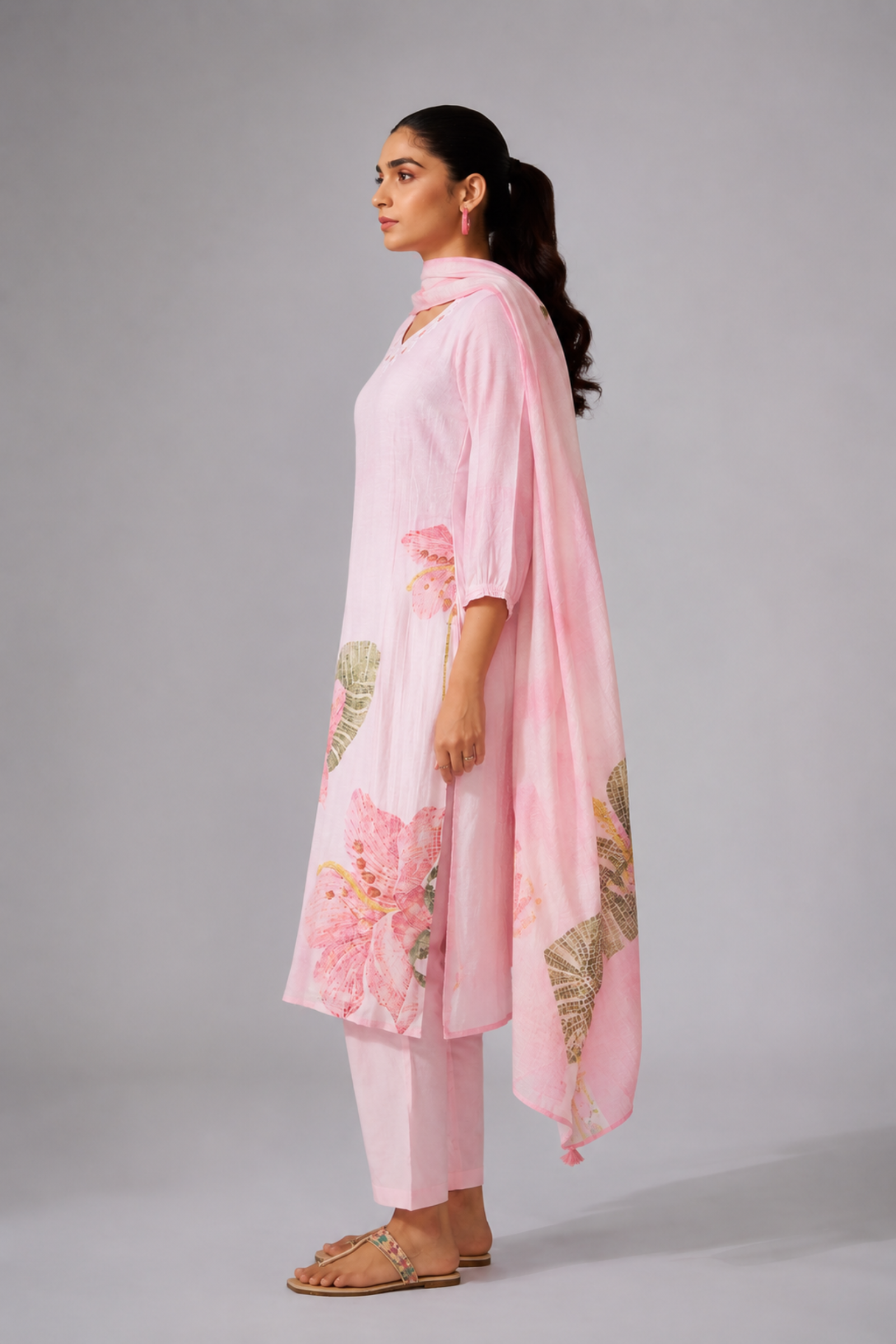 Soft Lotus Pink Shimmer Linen Digital Print Kurta Set