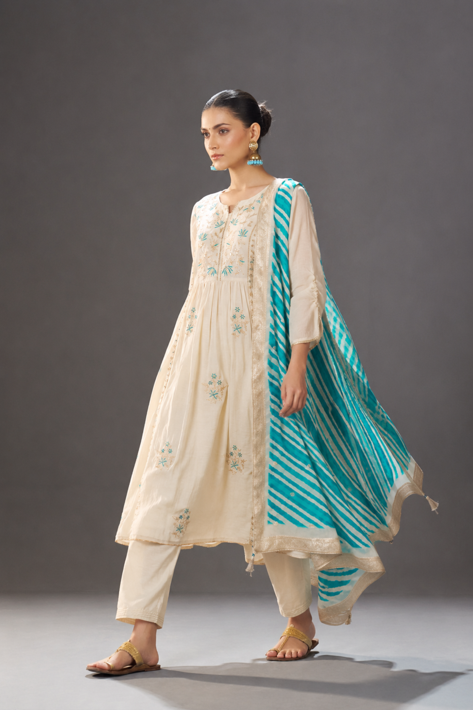 Turquoise Pearl Embroidery Kurta Set with Leheriya Dupatta