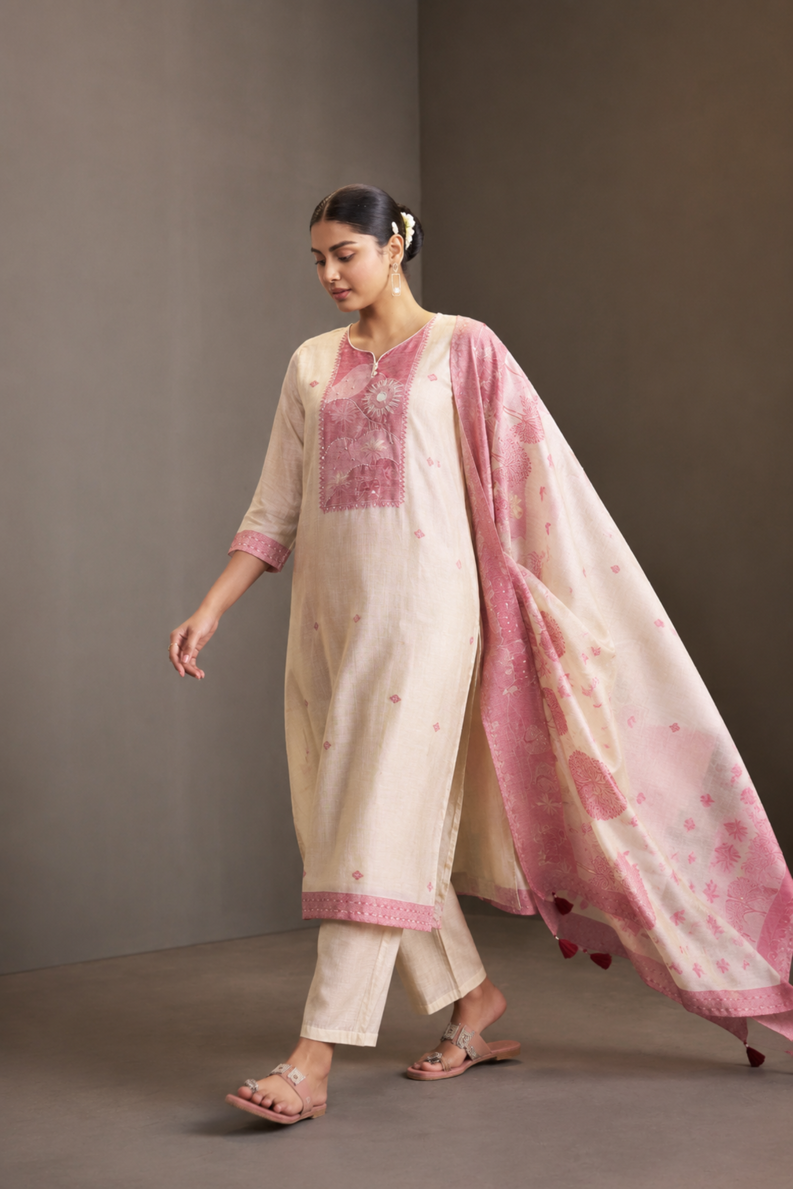 Rosewood Ivory Linen Chanderi Jacquard Kurta Set