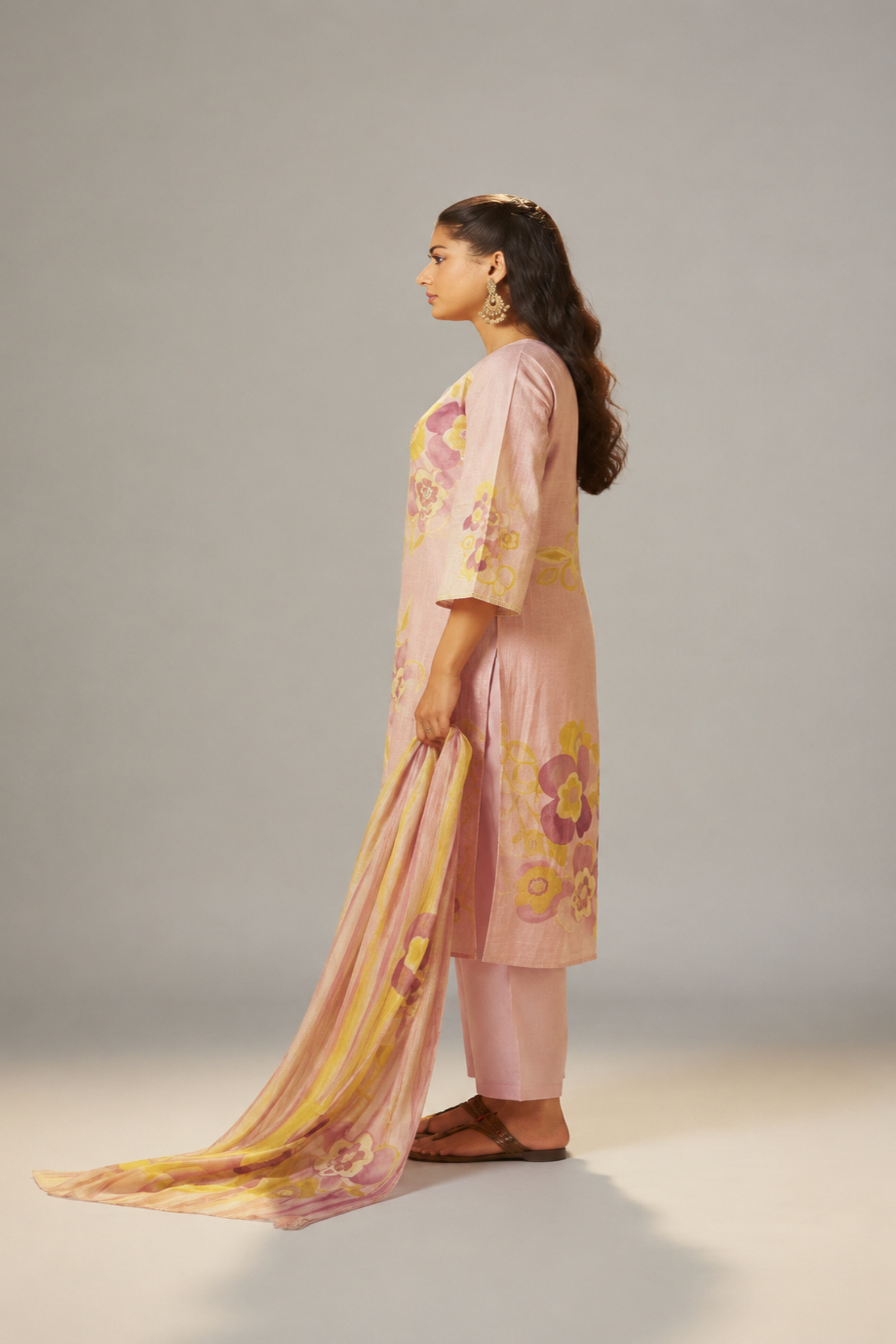 Crystal Rose Shimmer Linen Digital Print Kurta Set