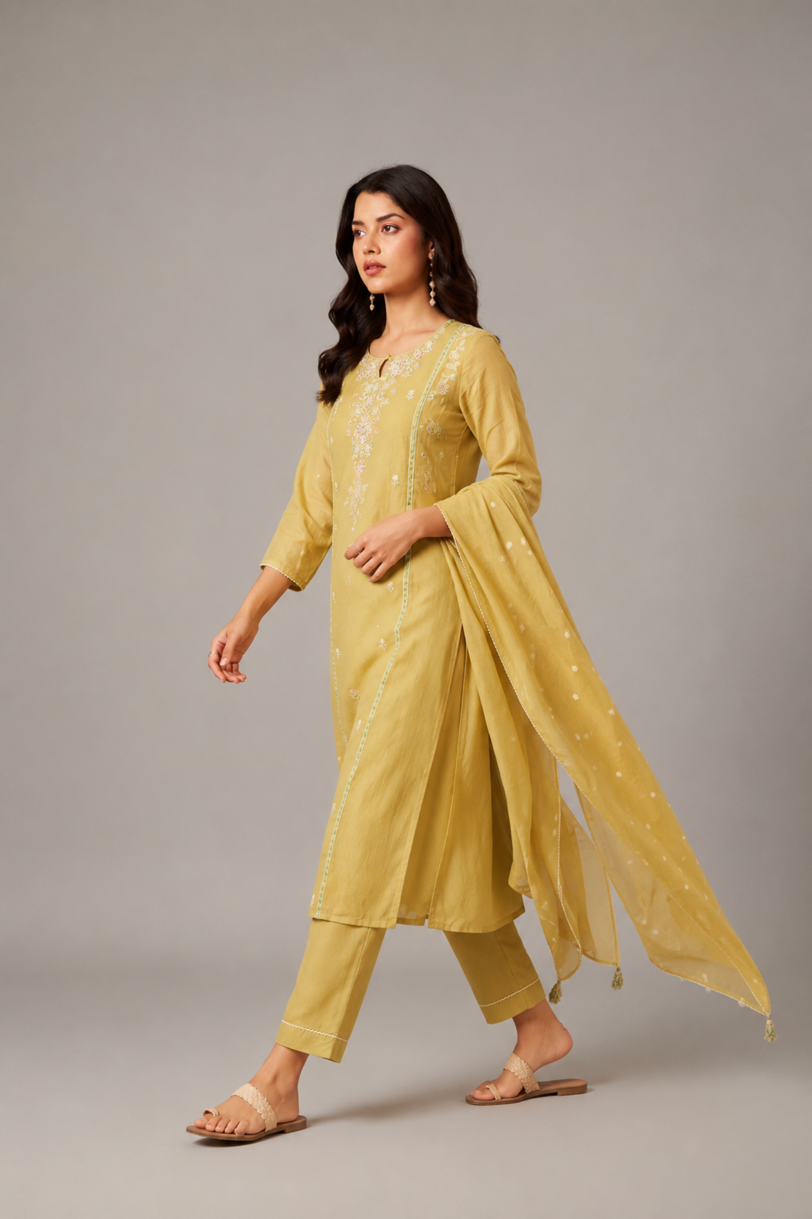 Sunlit Ochre Mul Chanderi A-Line Embroidery Kurta Set