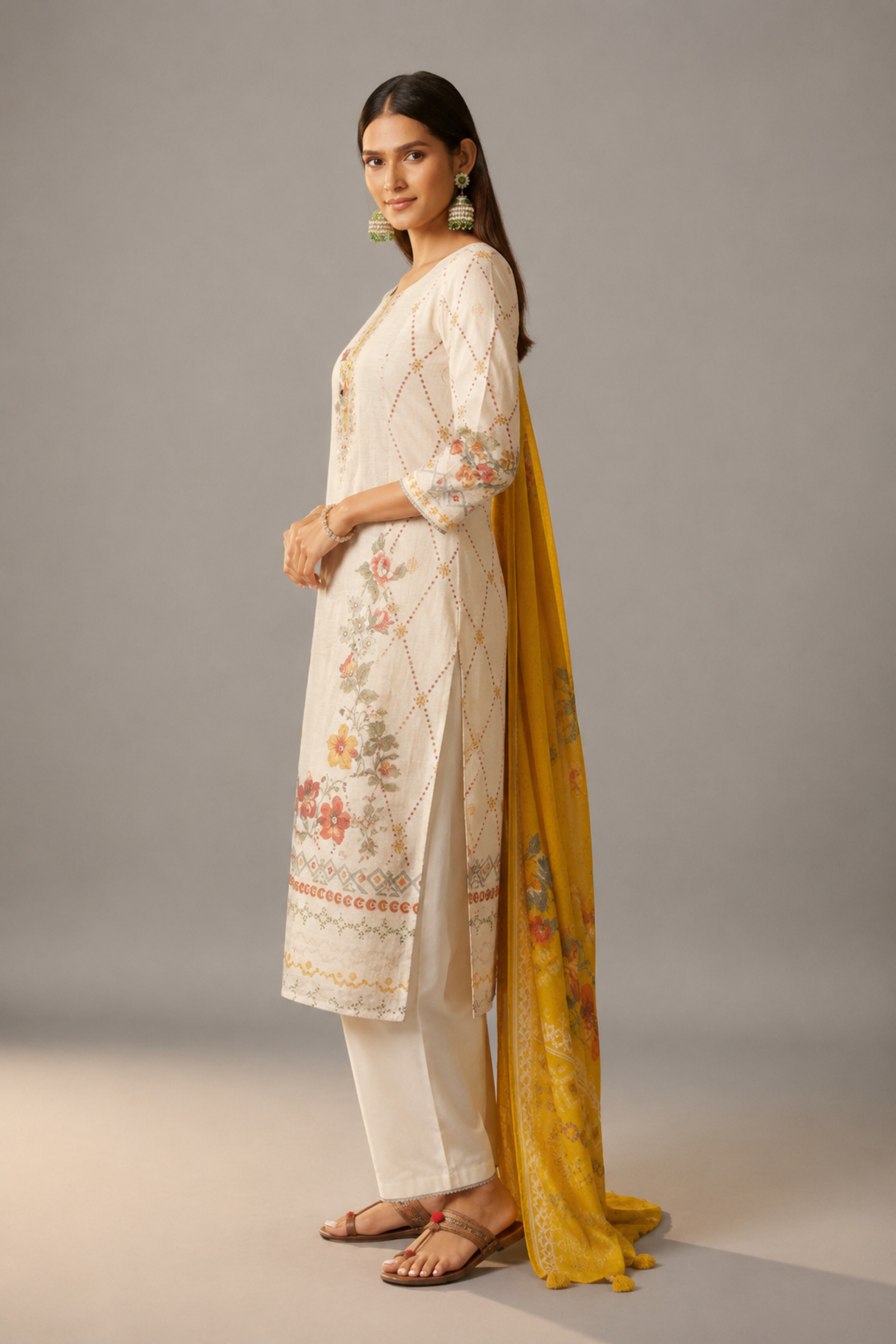 Shimmer Linen Digital Print Set – Cream