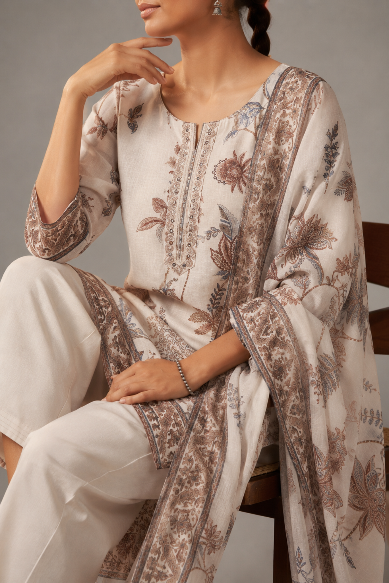 Avenza Cream Printed Linen Kurta Set