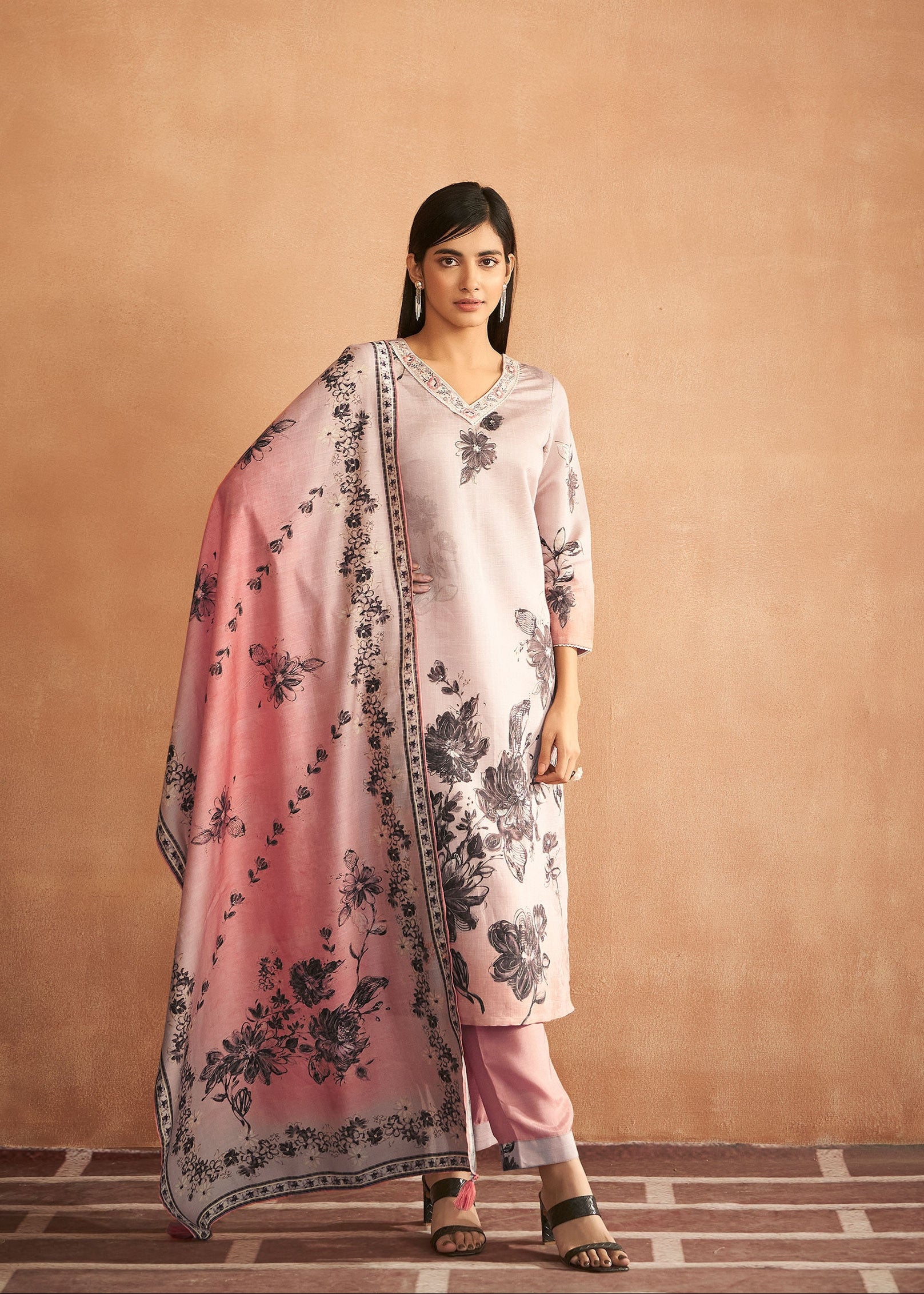 Zaraya Peach Digital Print Kurta Set