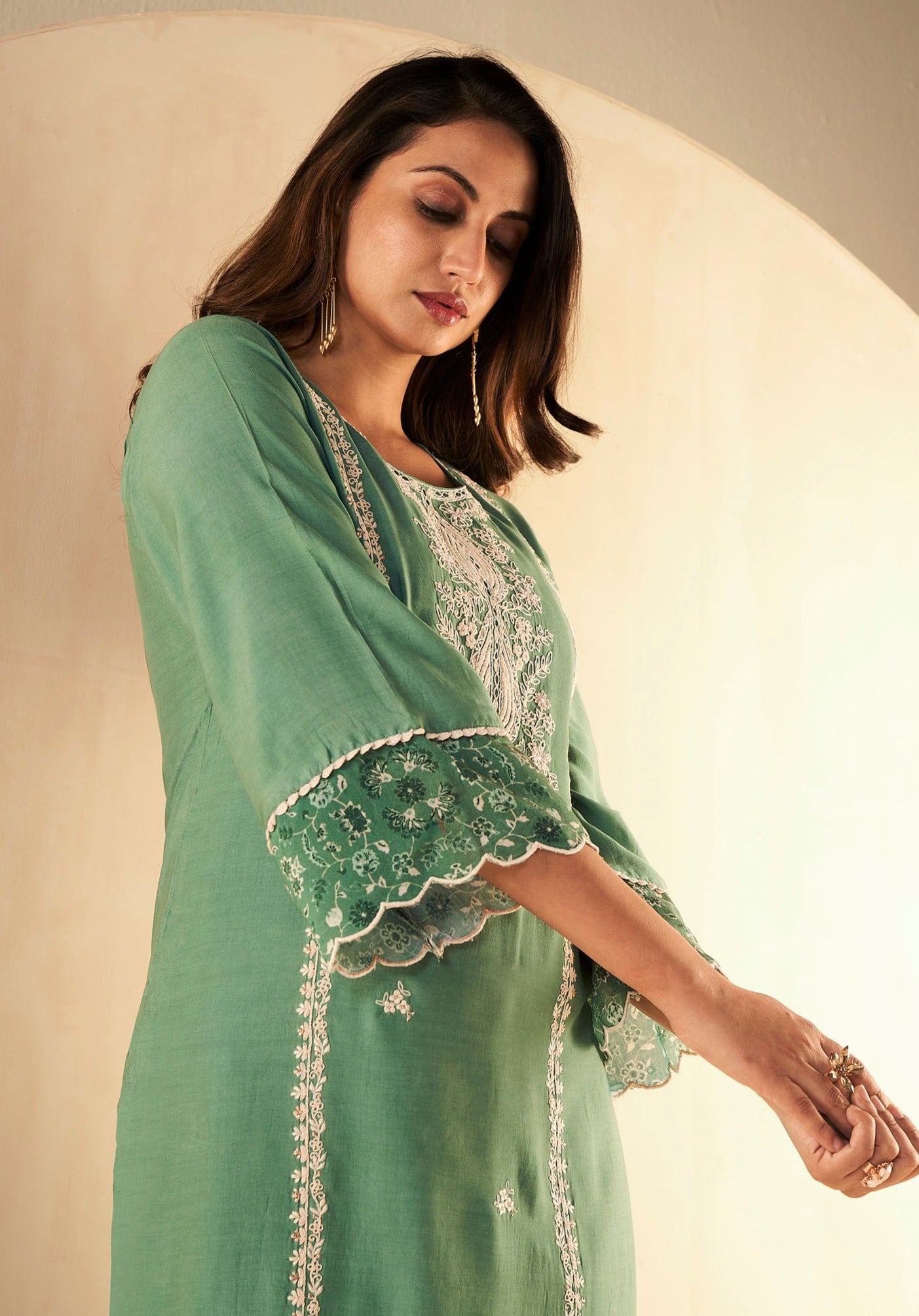 Emerald Elegance Cording Muslin Embroidered Kurta Set