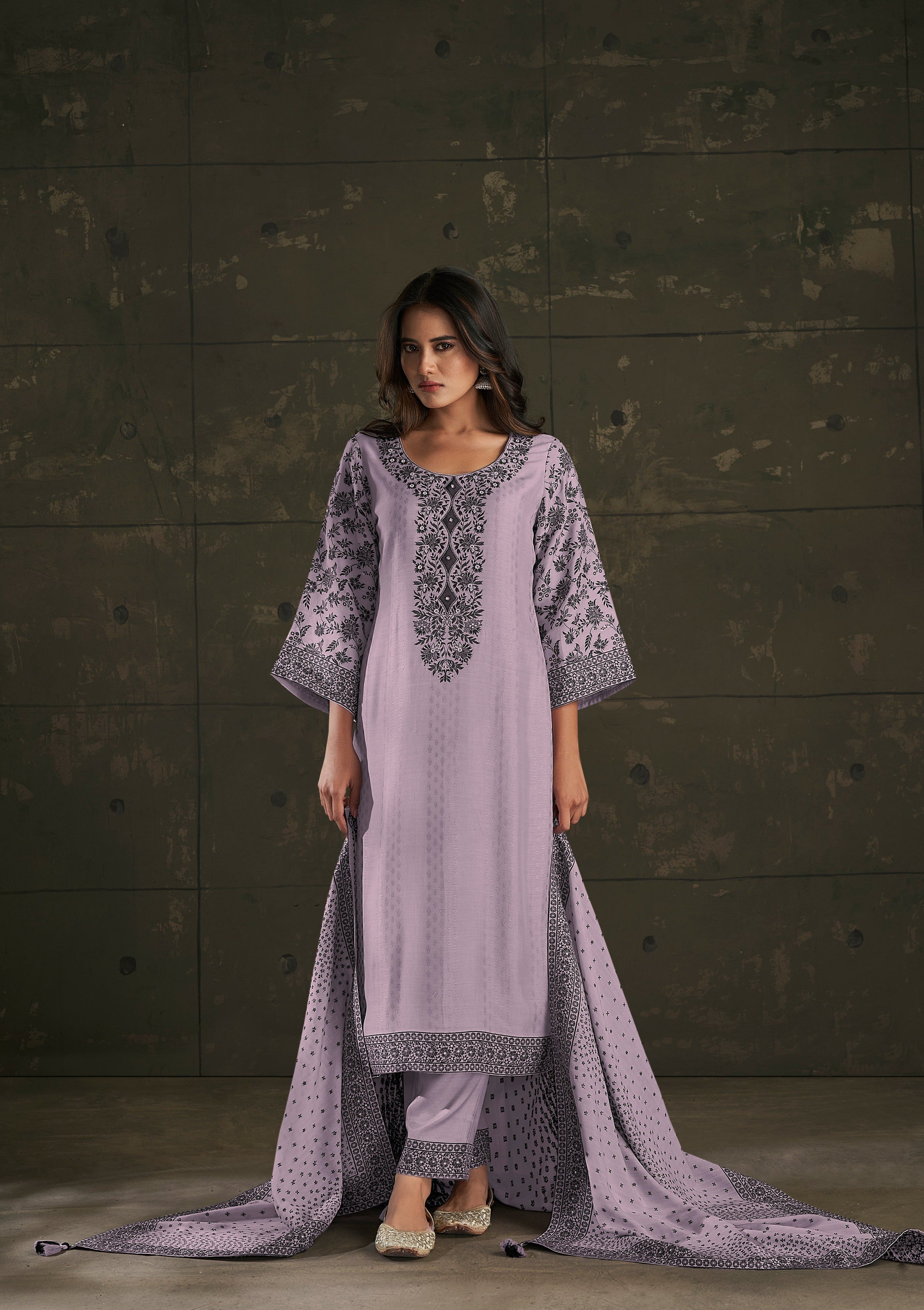 Lavender Black Pakistani Woven Kurta Set