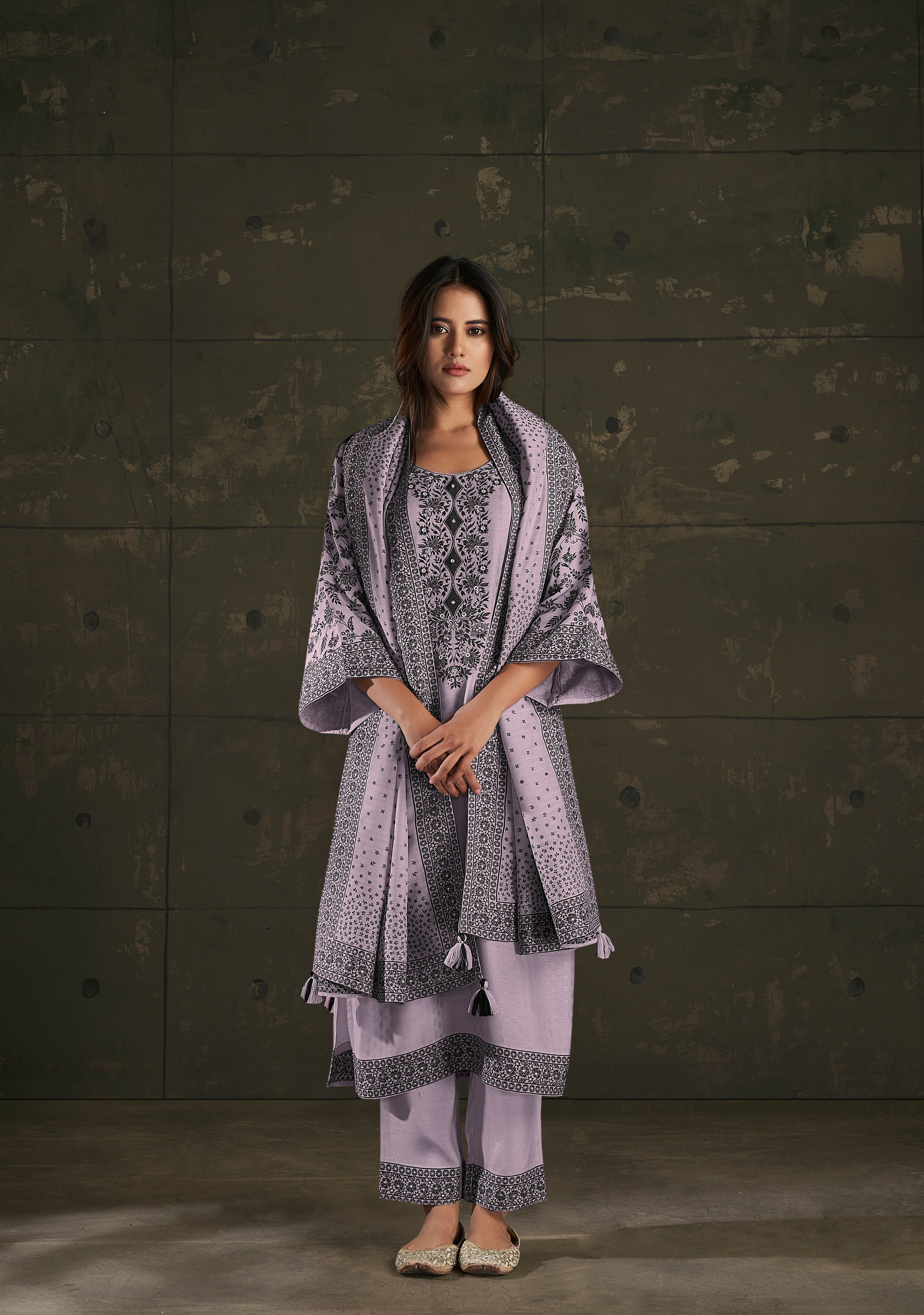 Lavender Black Pakistani Woven Kurta Set
