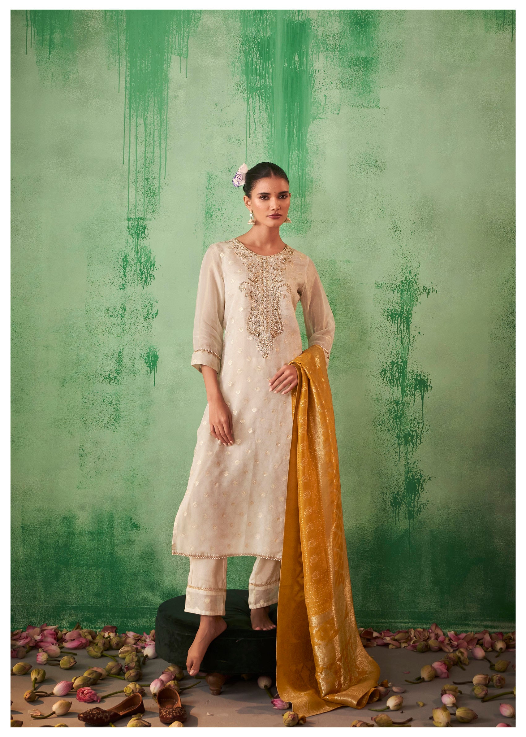 Moonbeam Cream Silk Self-Jacquard Kurta Set