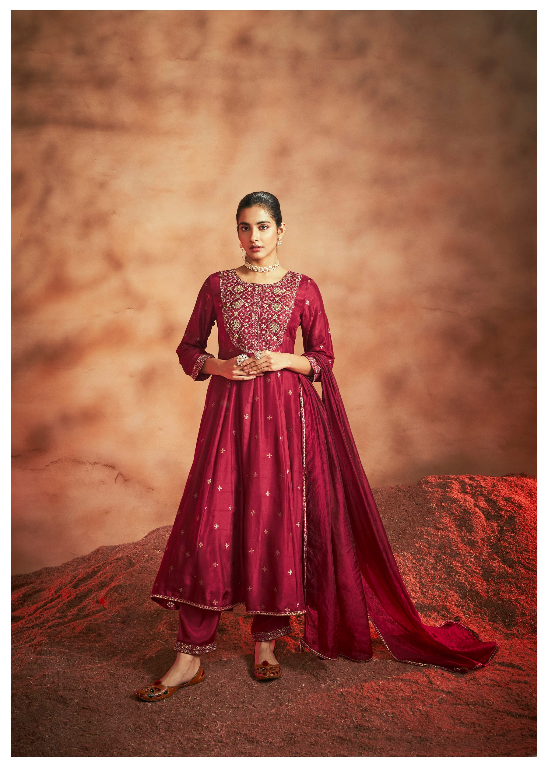 Peshwai Red Dola Anarkali Set