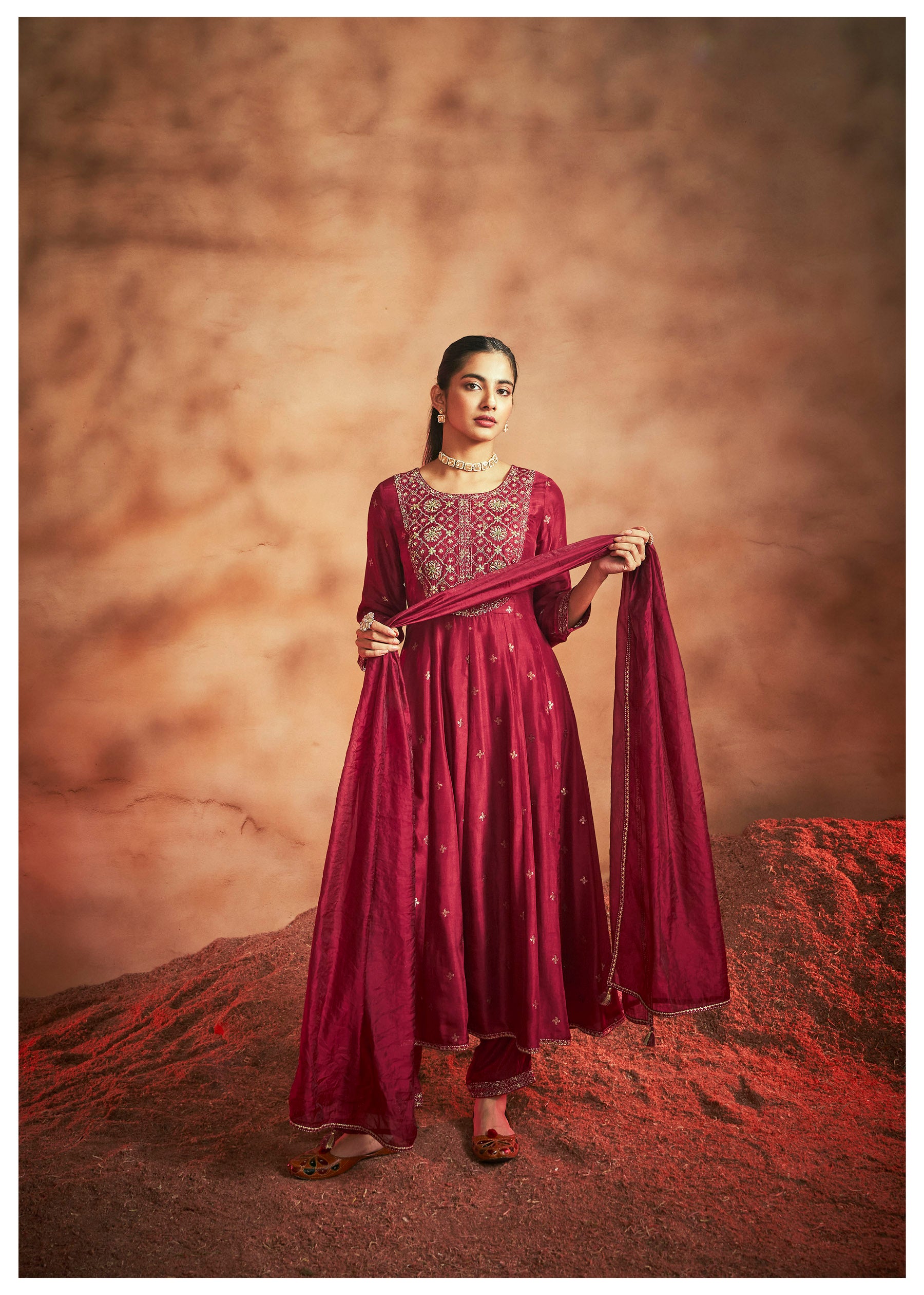 Peshwai Red Dola Anarkali Set