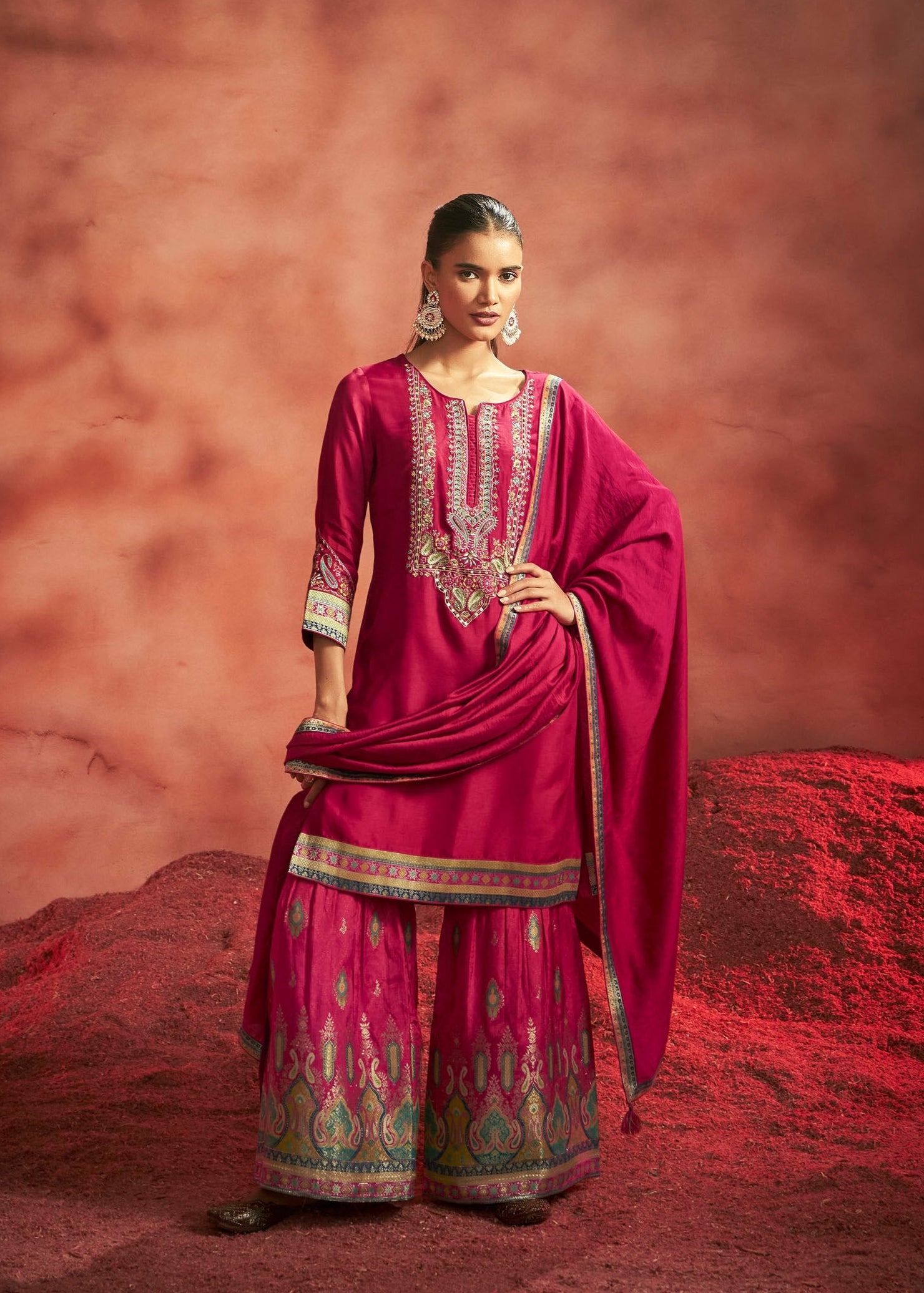 Scarvya Red Dola Silk Kurta Set