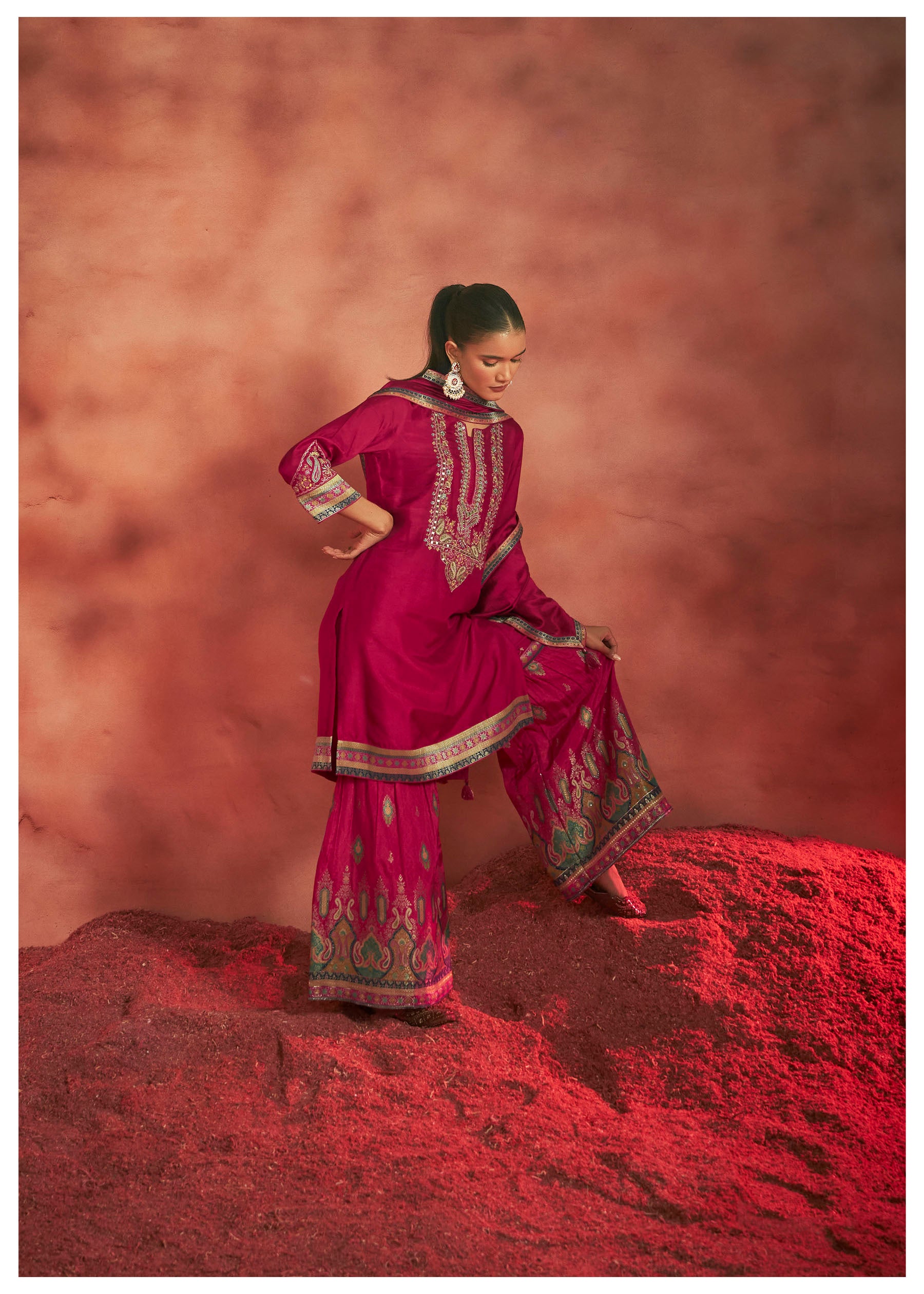 Scarvya Red Dola Silk Kurta Set