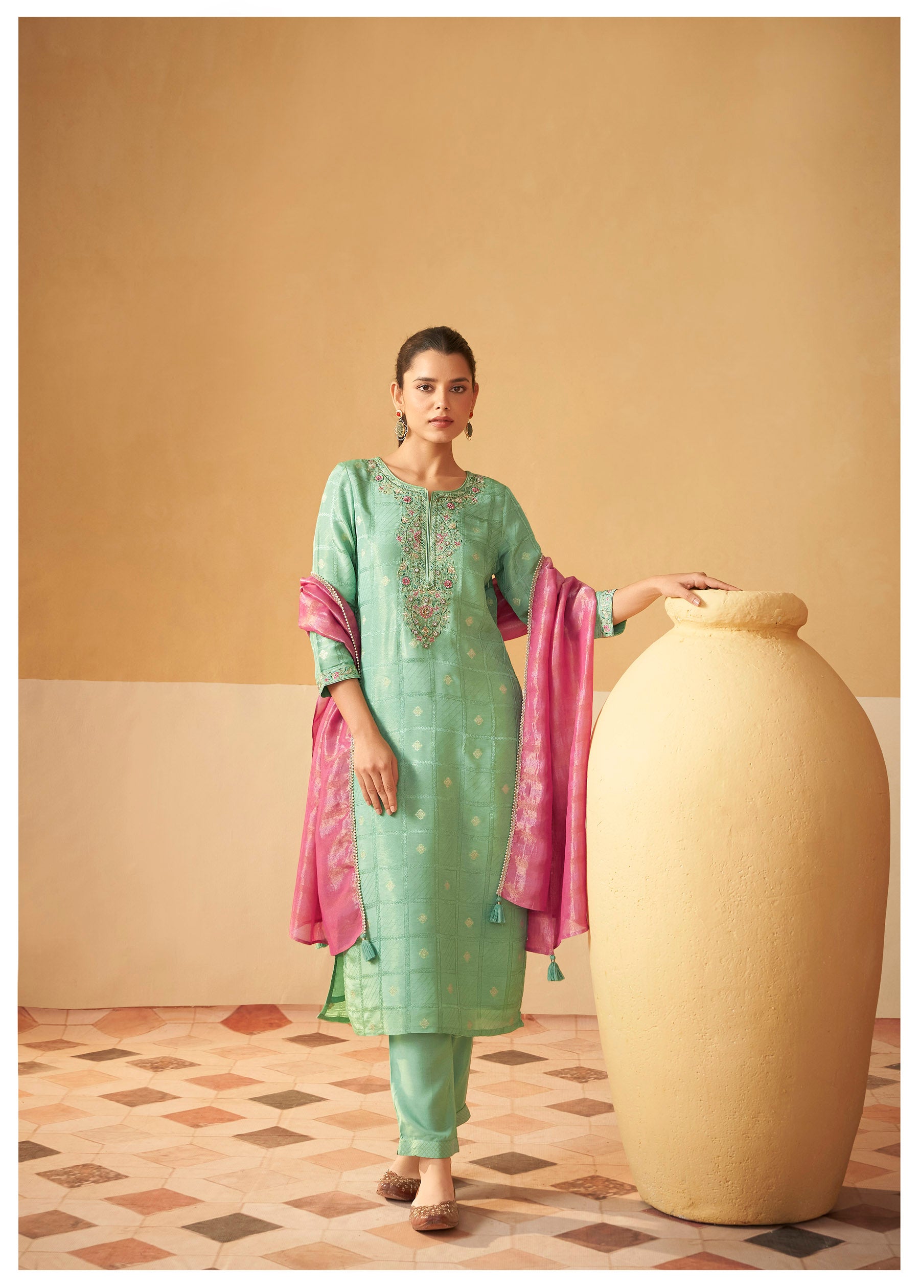 Jade Green Tissue Shimmer Silk Kurta Set