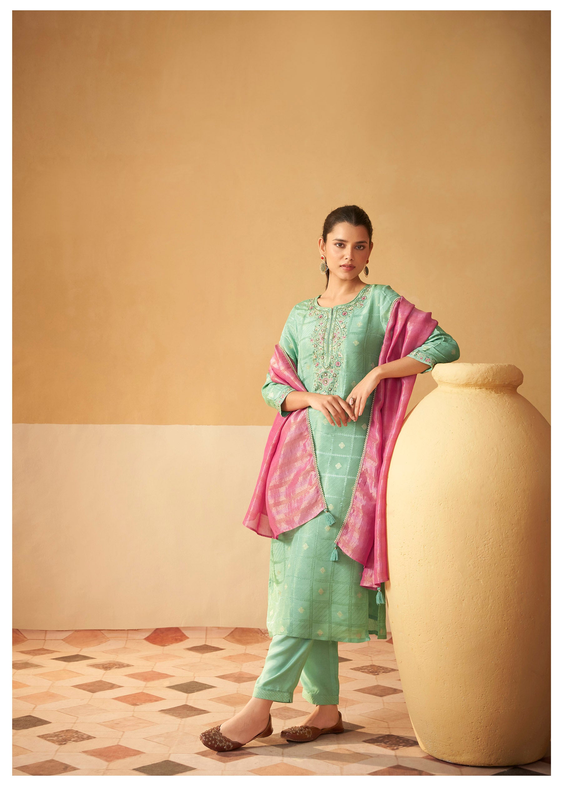 Jade Green Tissue Shimmer Silk Kurta Set