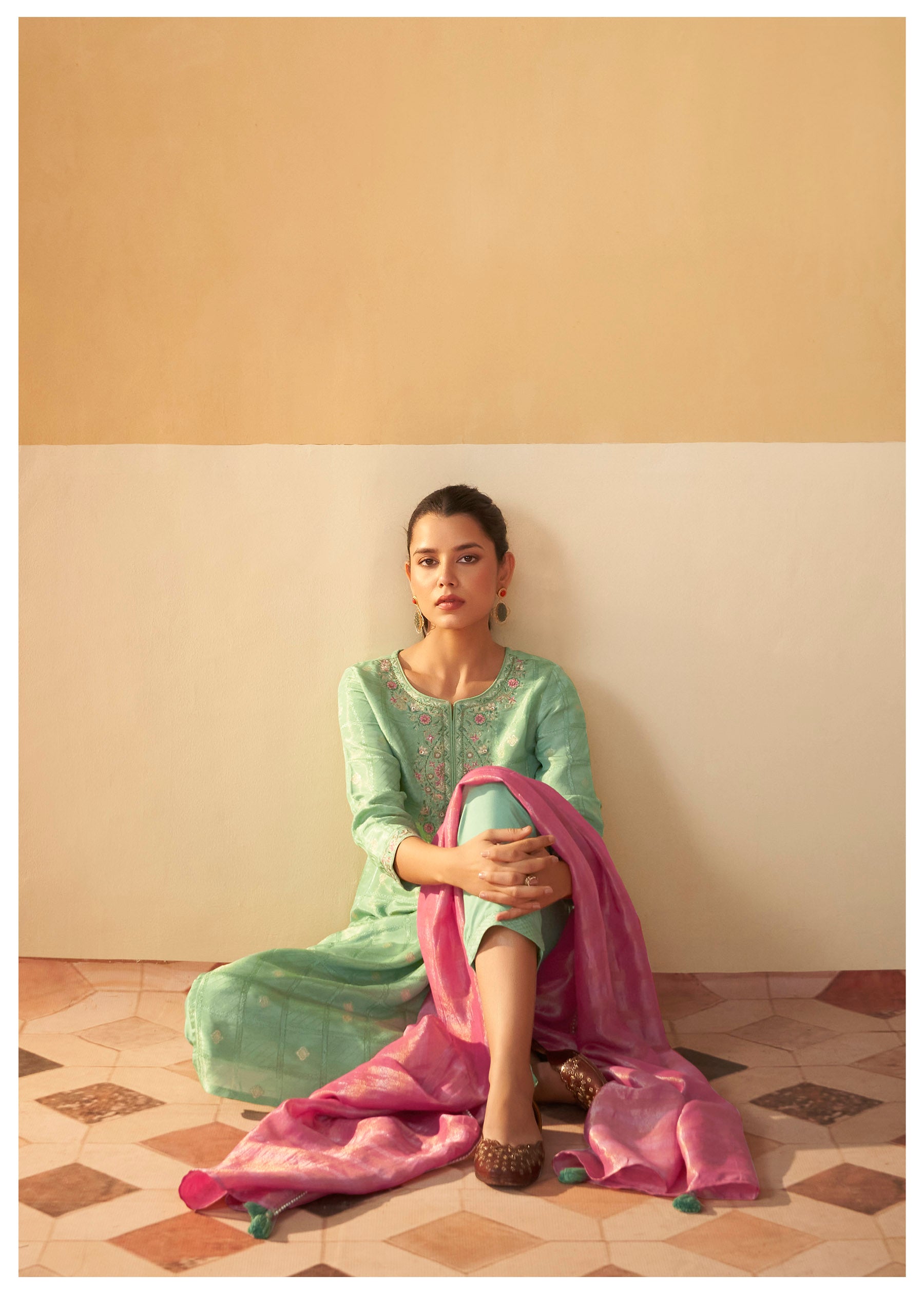 Jade Green Tissue Shimmer Silk Kurta Set