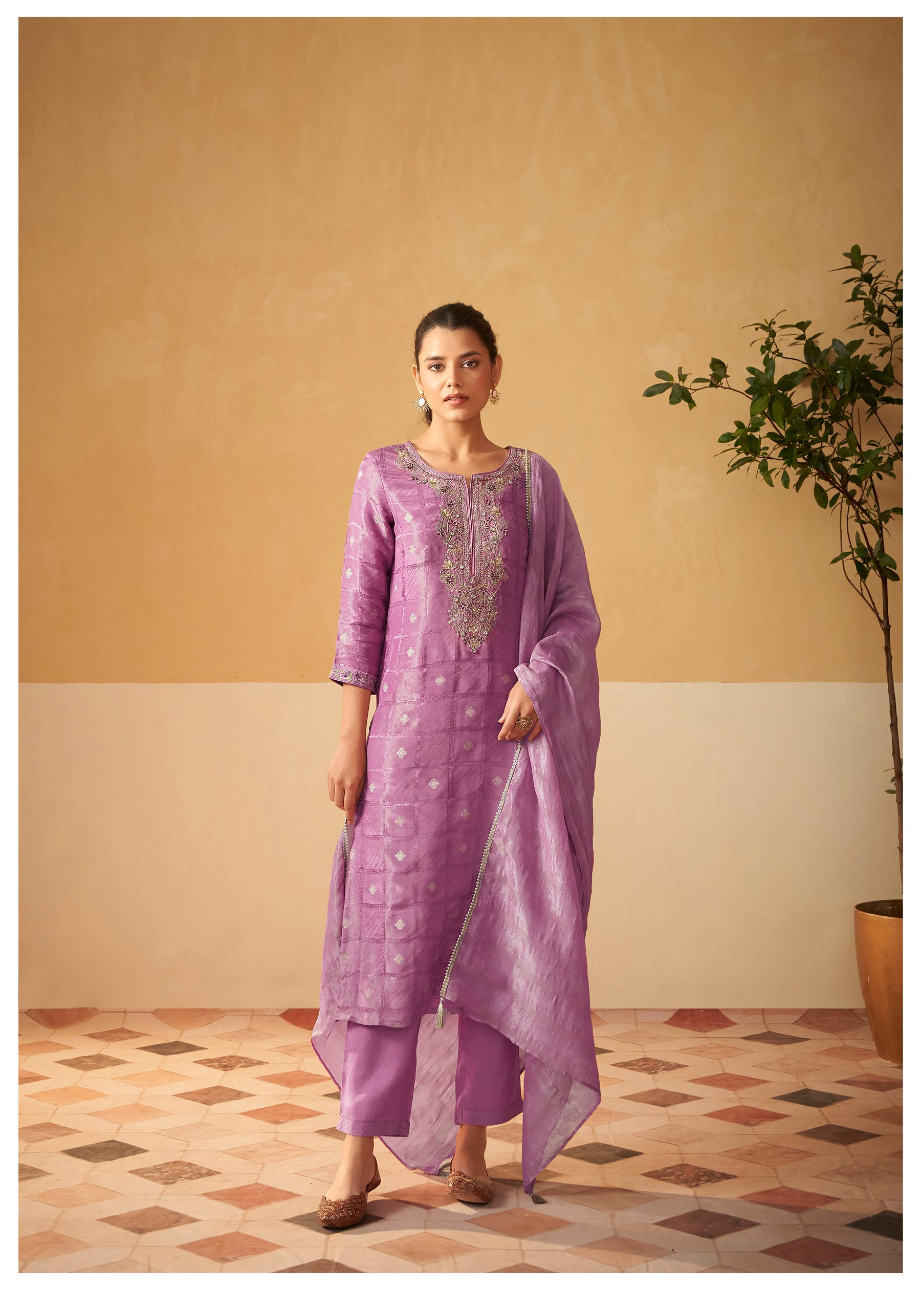 Amethyst Shimmer Self-Jacquard Silk Kurta Set