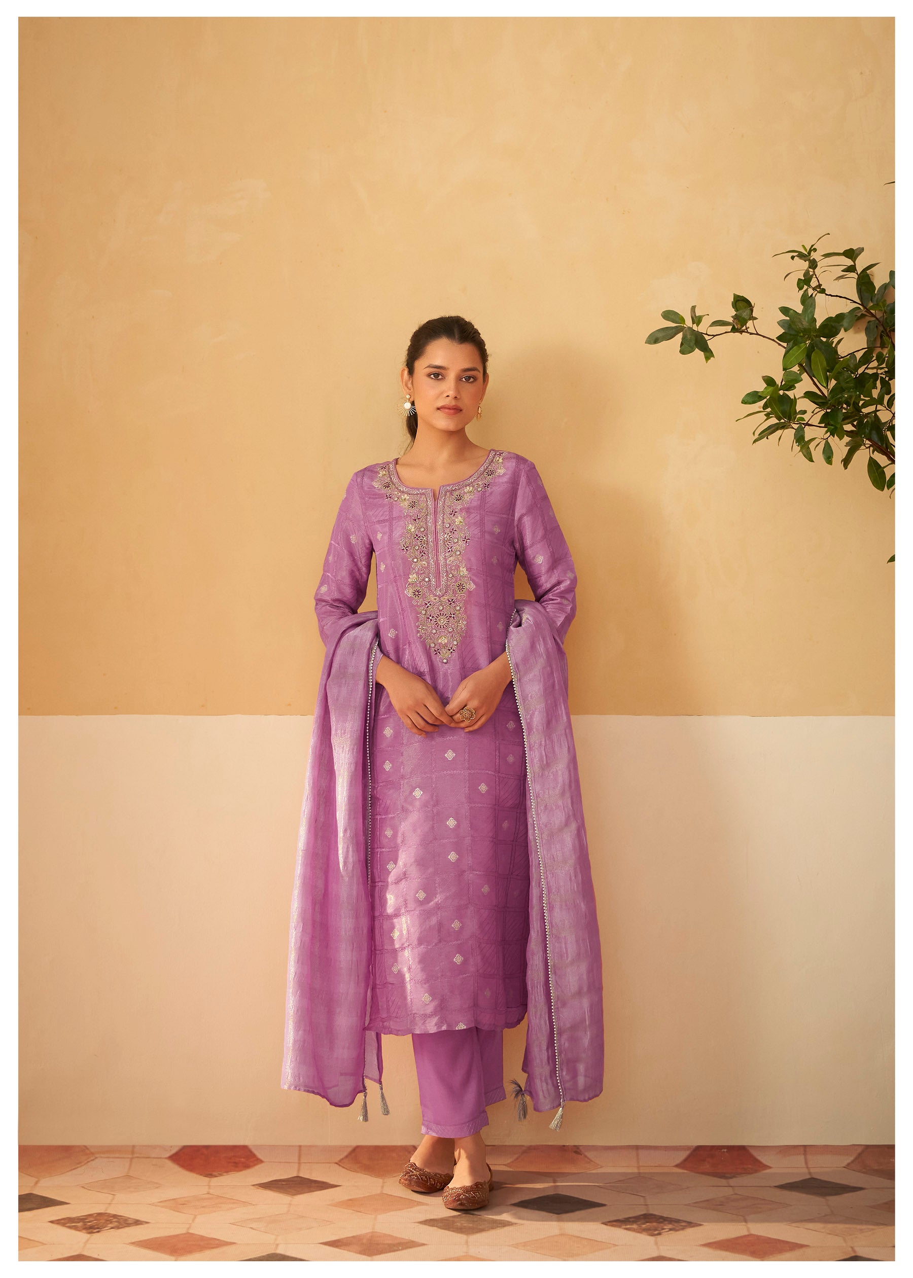 Amethyst Shimmer Self-Jacquard Silk Kurta Set